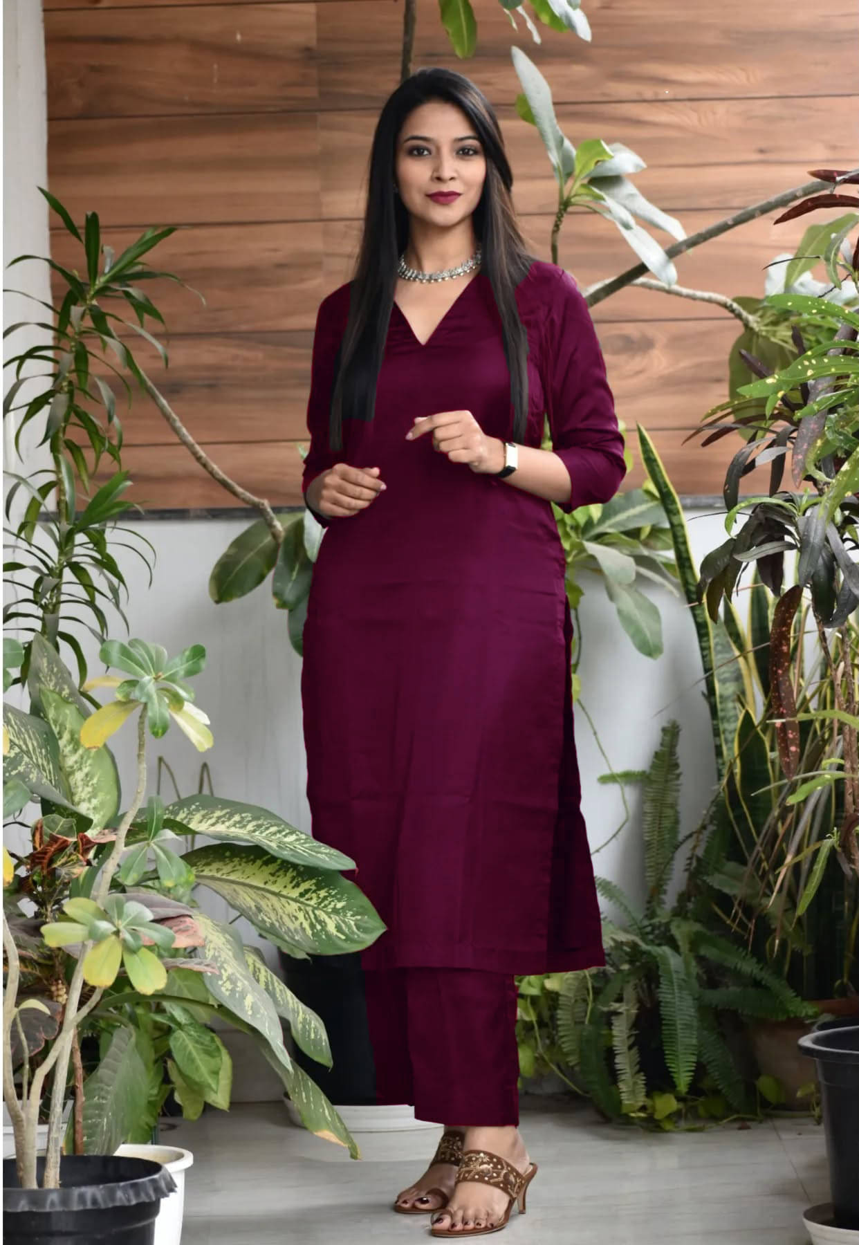    			Nirja Fab Rayon Solid Kurti With Pants Women's Stitched Salwar Suit - Wine ( Pack of 1 )