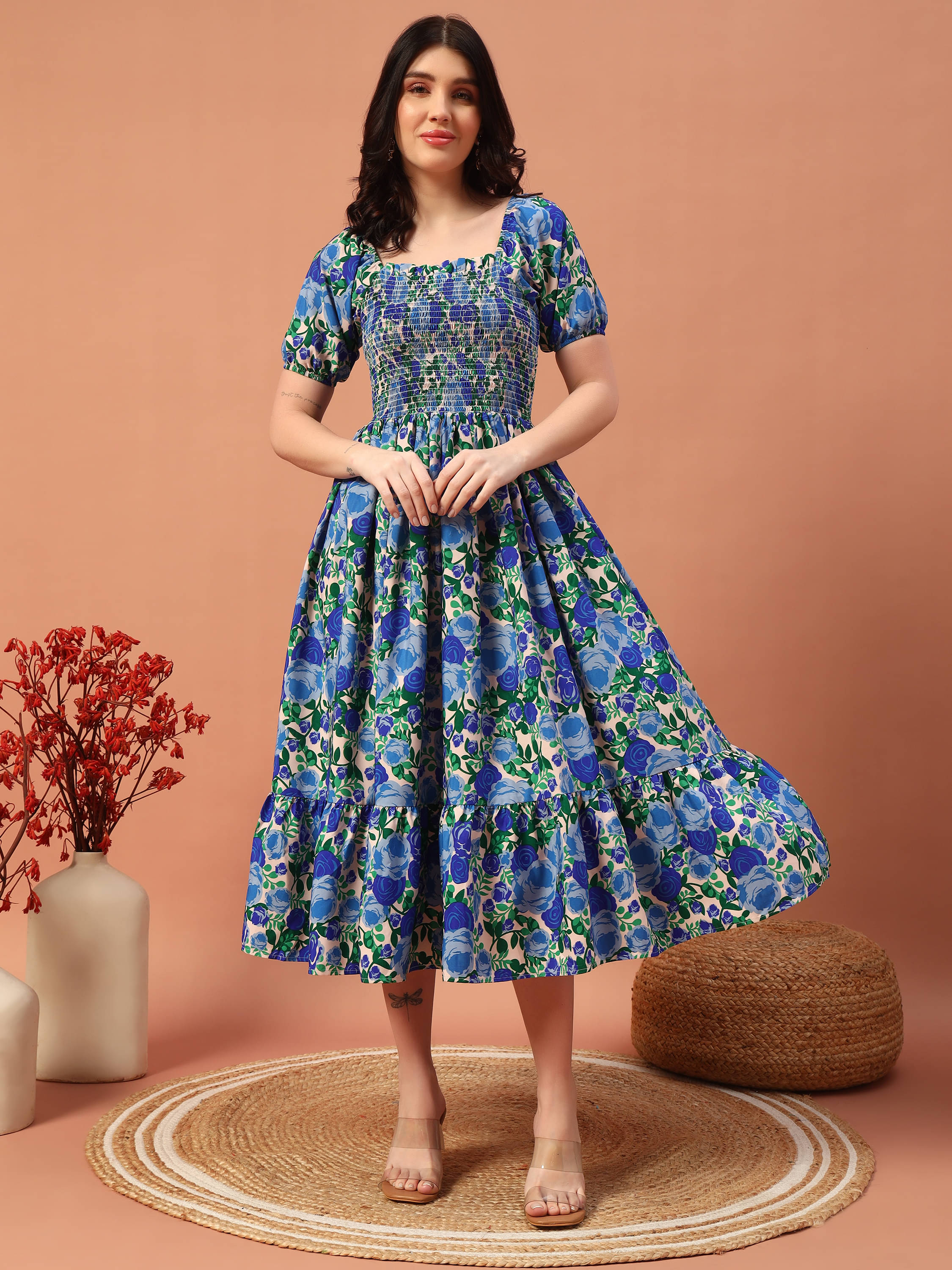 OTABU Women Rayon Printed Fit & Flare Dress ( Blue ) OTABU Women Rayon Printed Fit & Flare Dress ( Blue )