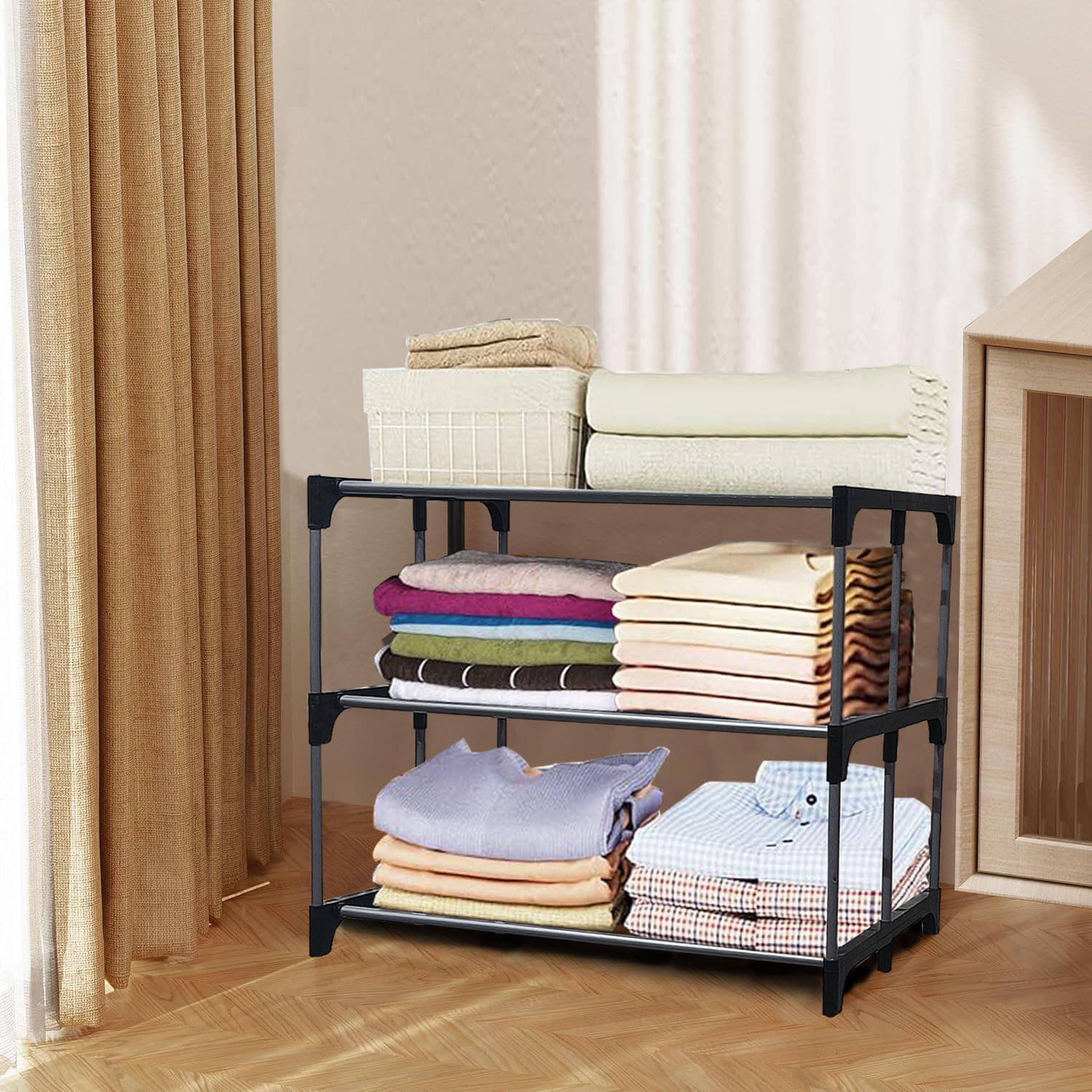 PHILOSHOP 3 Layer Open Collapsible Wardrobes Rack With Metal Pipe Wardrobes Stand Storage for Home (Silver)     			PHILOSHOP 3 Layer Open Collapsible Wardrobes Rack With Metal Pipe Wardrobes Stand Storage for Home (Silver)