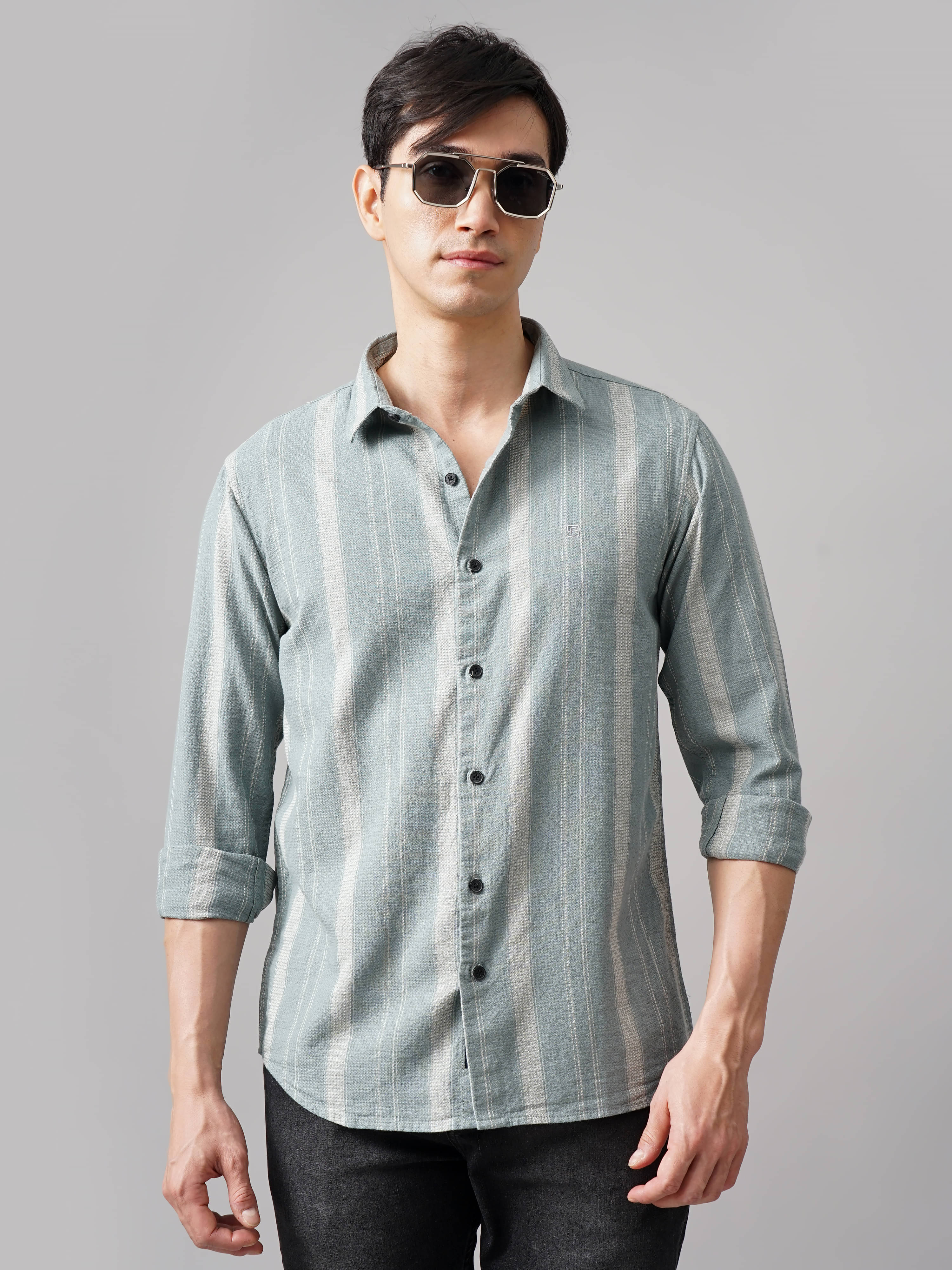 Paul Street Cotton Blend Slim Fit Striped Full Sleeves Men's Casual Shirt - Green ( Pack of 1 ) Paul Street Cotton Blend Slim Fit Striped Full Sleeves Men's Casual Shirt - Green ( Pack of 1 )