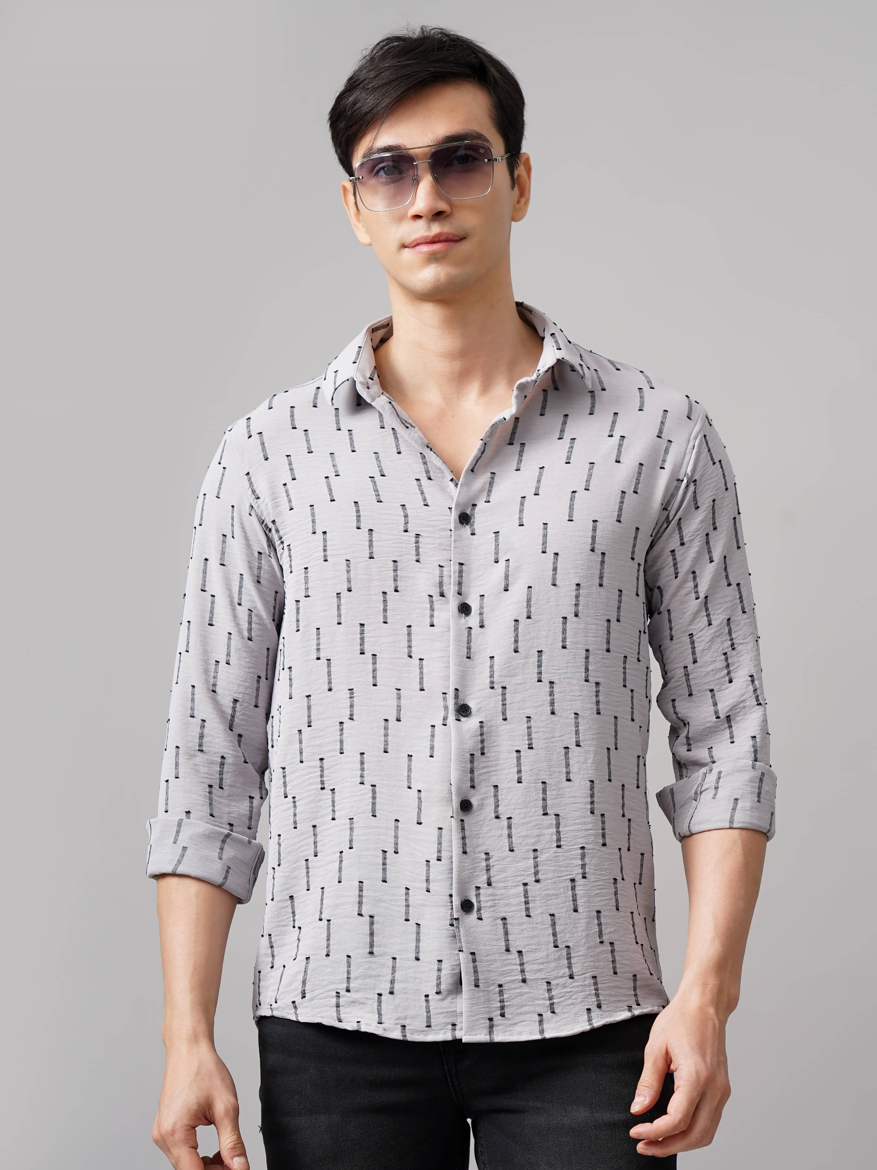 Paul Street Polyester Slim Fit Self Design Full Sleeves Men's Casual Shirt - Grey ( Pack of 1 )
