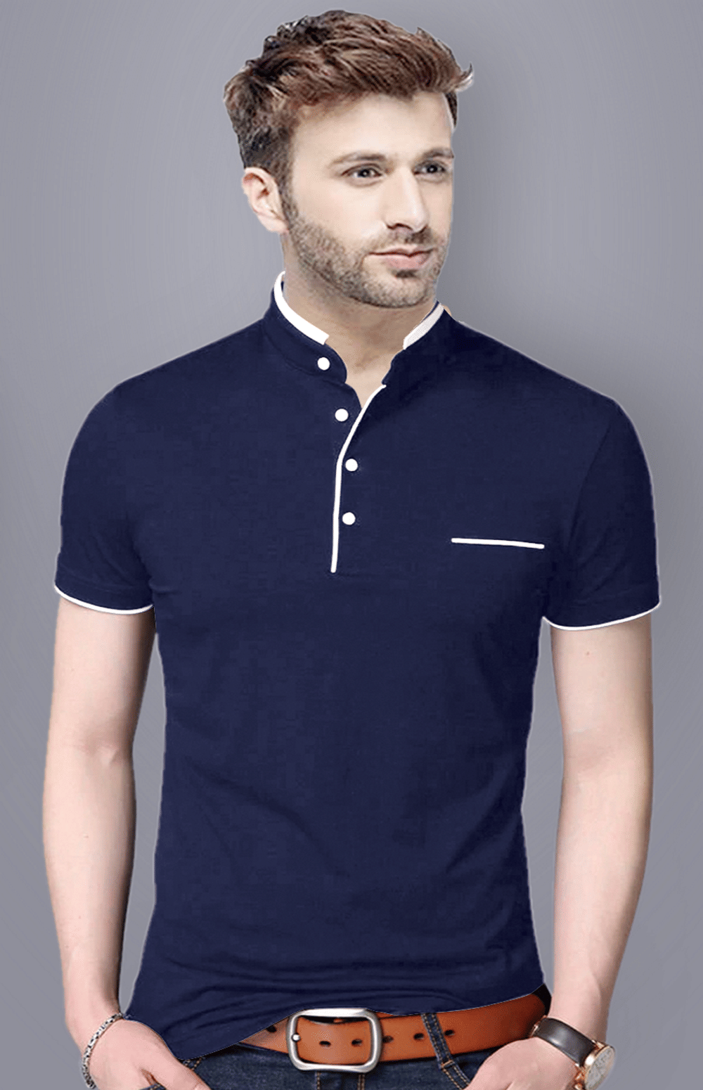 Reya Cotton Blend Regular Fit Solid Half Sleeves Men's Mandarin Collar T-Shirt - Blue ( Pack of 1 )