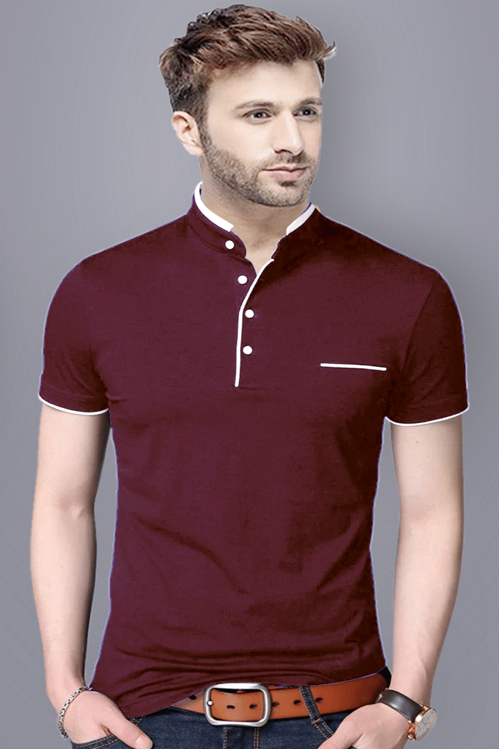 Reya Cotton Blend Regular Fit Solid Half Sleeves Men's Mandarin Collar T-Shirt - Maroon ( Pack of 1 ) Reya Cotton Blend Regular Fit Solid Half Sleeves Men's Mandarin Collar T-Shirt - Maroon ( Pack of 1 )