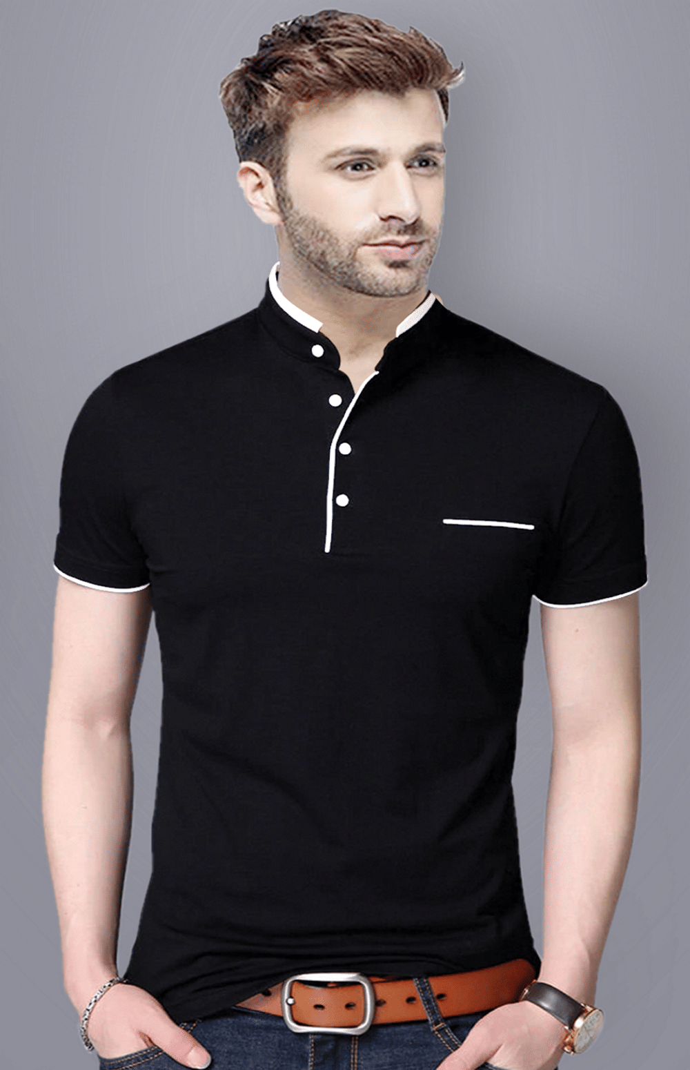     			Reya Cotton Blend Regular Fit Solid Half Sleeves Men's Mandarin Collar T-Shirt - Black ( Pack of 1 )