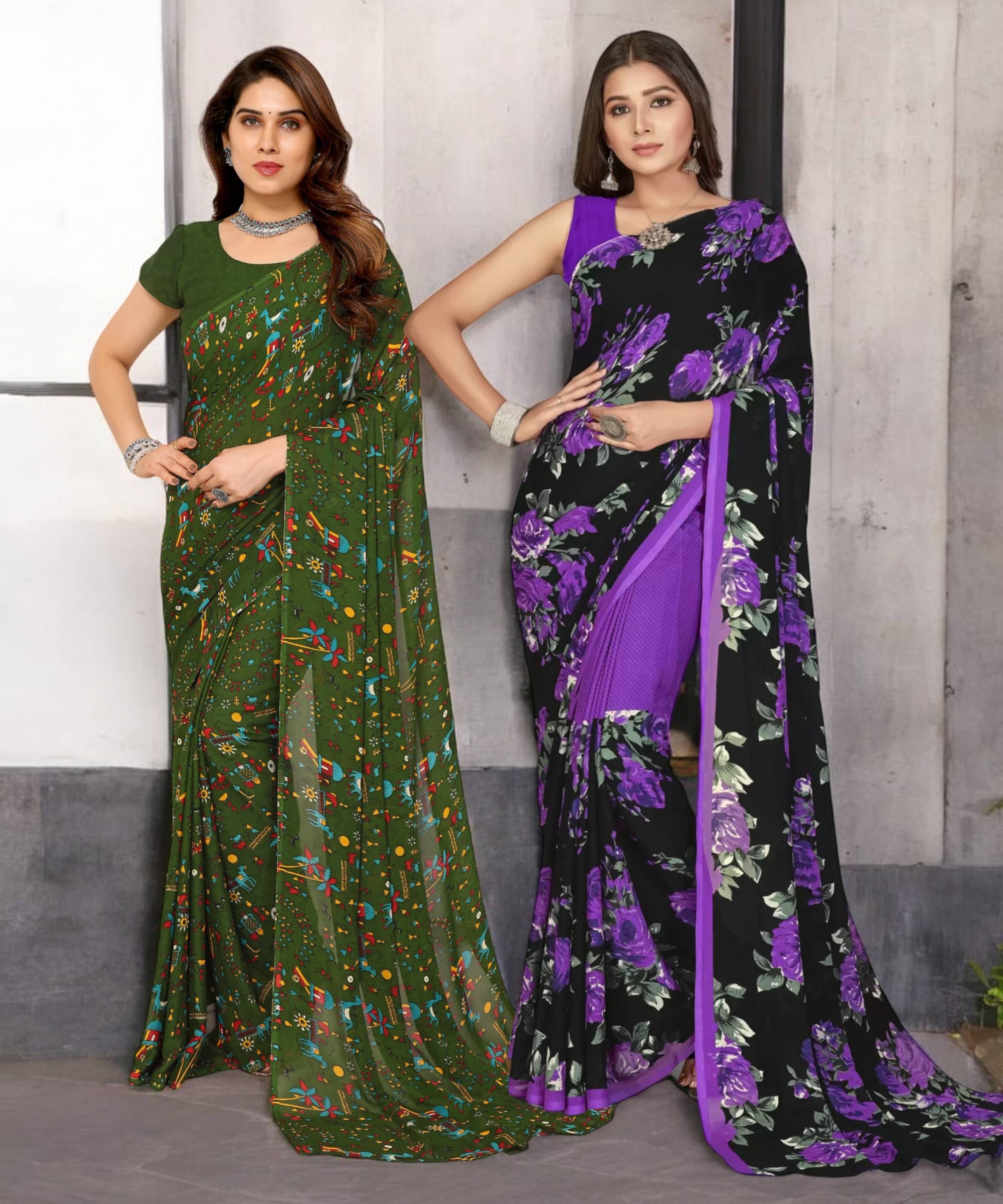     			TTH Georgette Printed Saree With Unstitched Blouse Piece ( Multicolor )