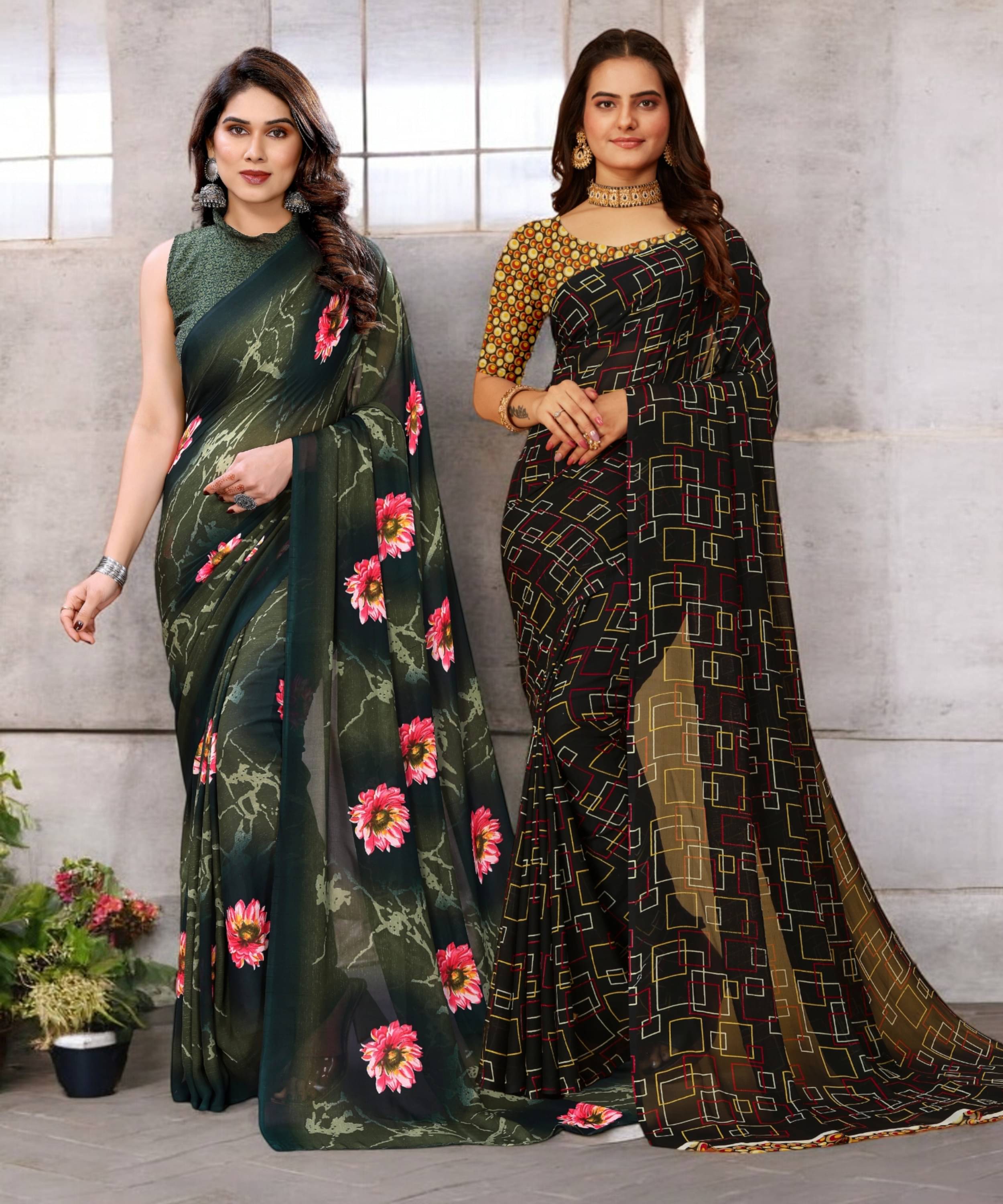     			TTH Georgette Printed Saree With Unstitched Blouse Piece ( Multicolor )