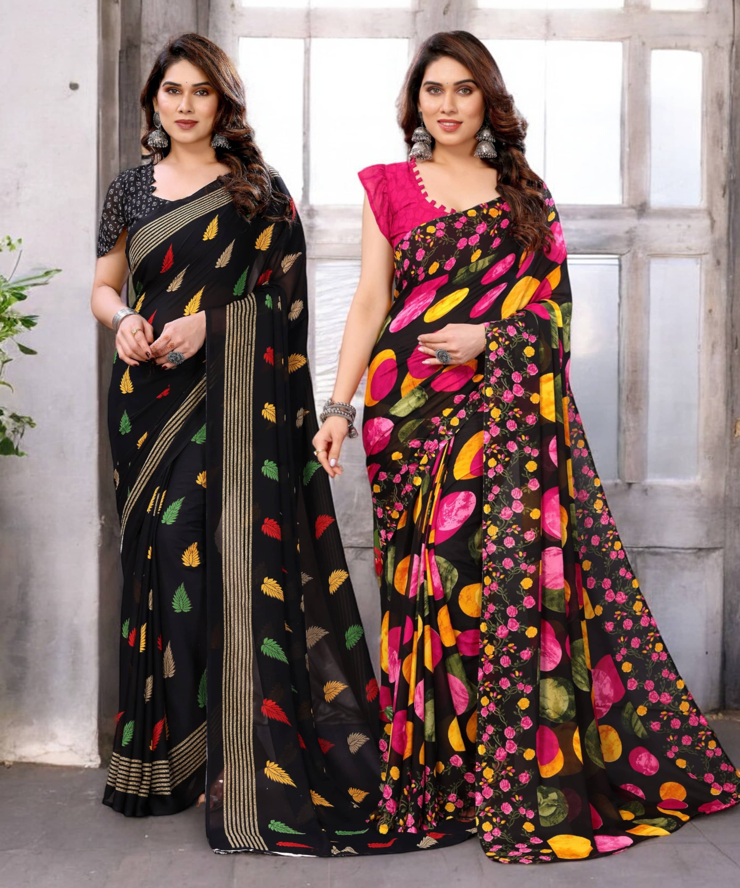 TTH Georgette Printed Saree With Unstitched Blouse Piece ( Multicolor ) - Sarees | Buy online on ZillyBuy