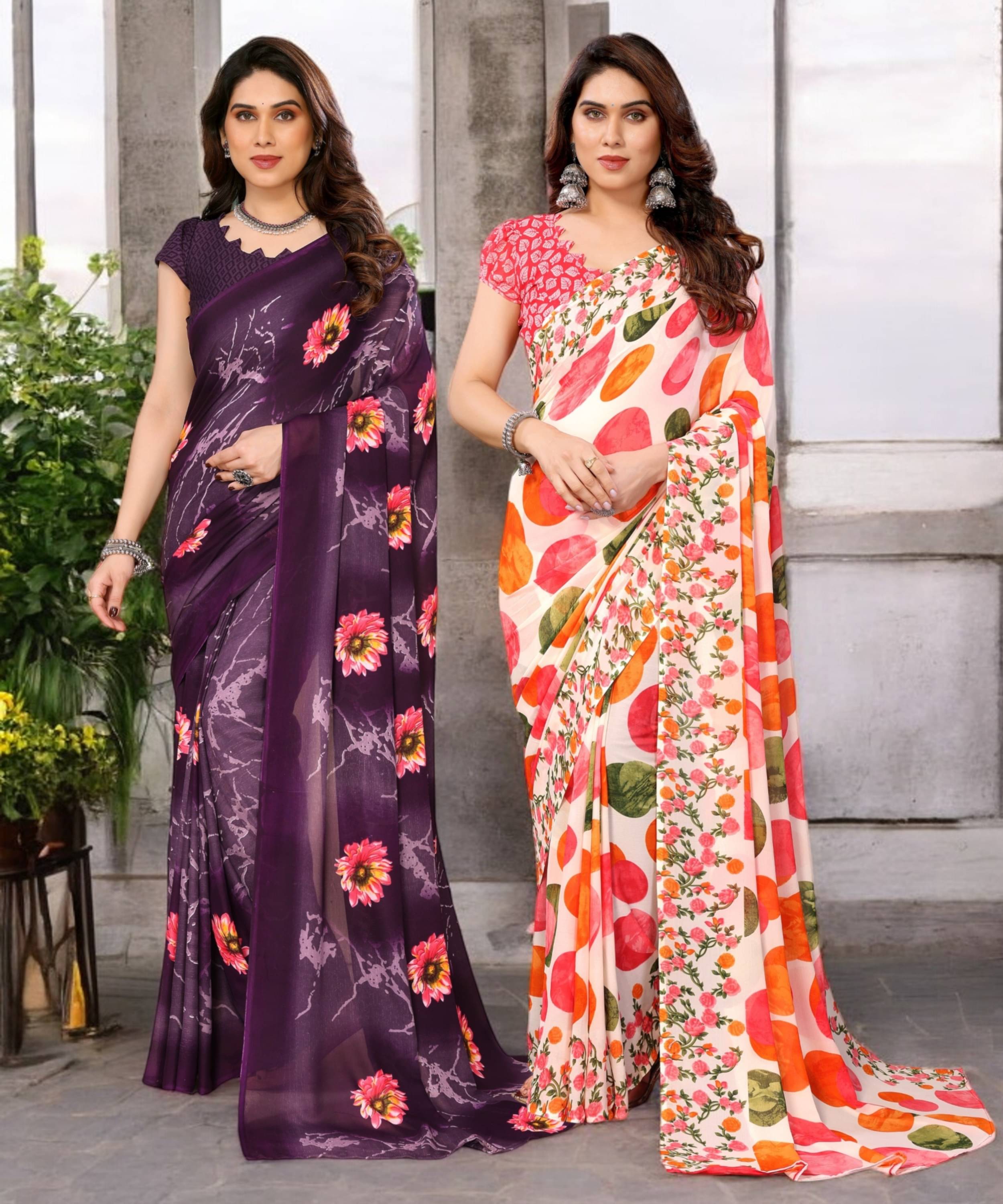     			TTH Georgette Printed Saree With Unstitched Blouse Piece ( Multicolor )