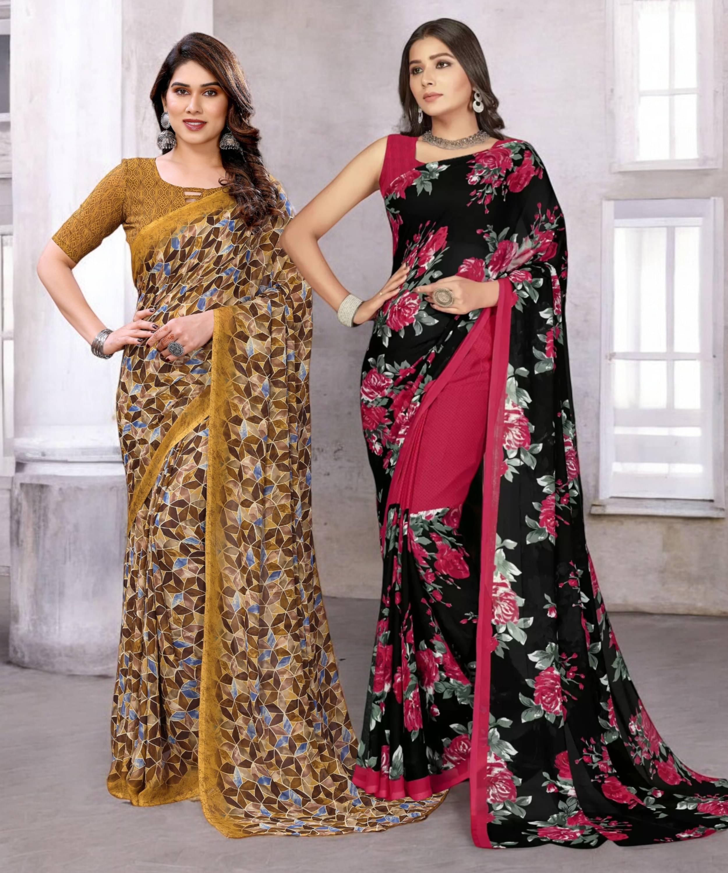     			TTH Georgette Printed Saree With Unstitched Blouse Piece ( Multicolor )
