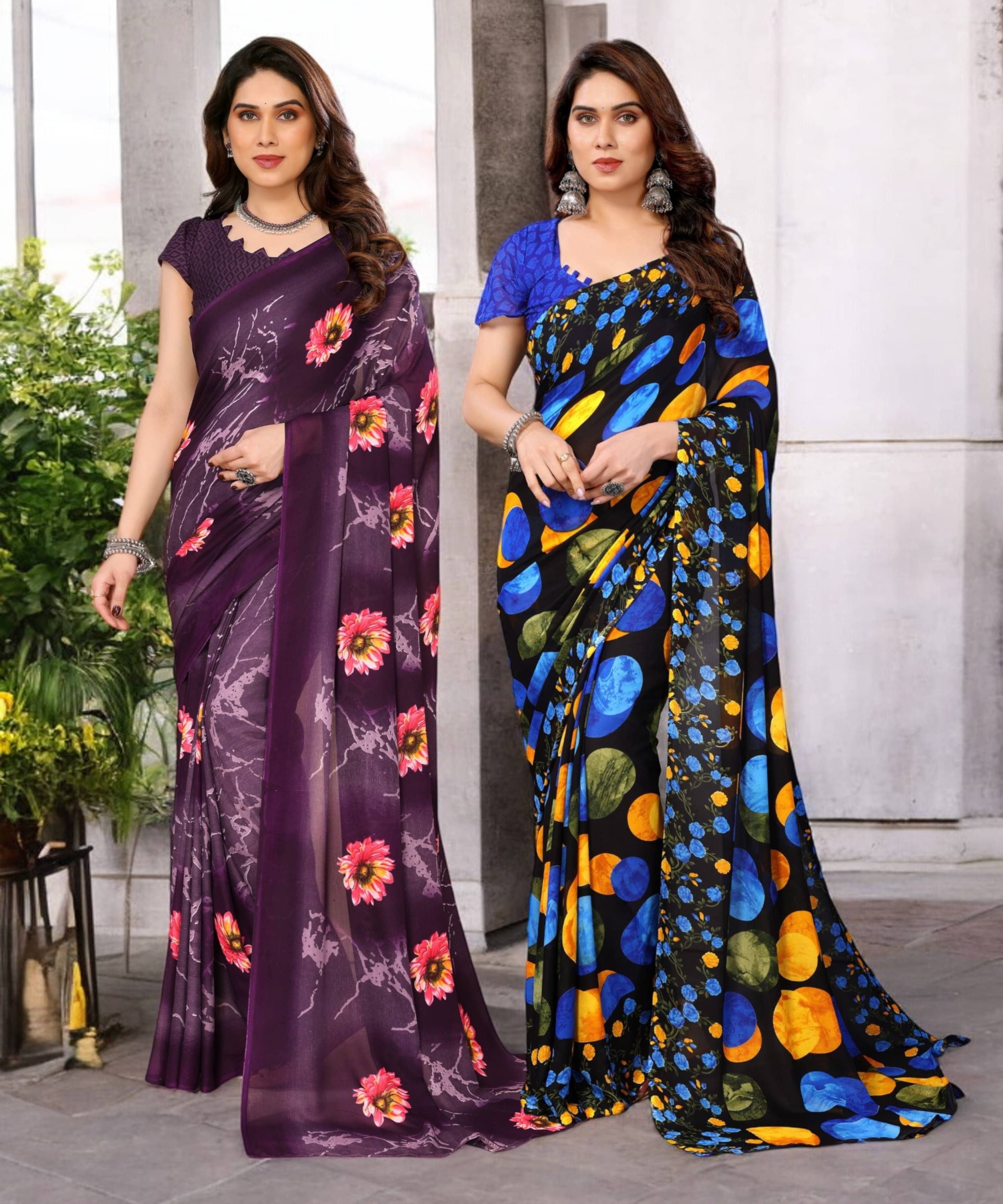     			TTH Georgette Printed Saree With Unstitched Blouse Piece ( Multicolor )