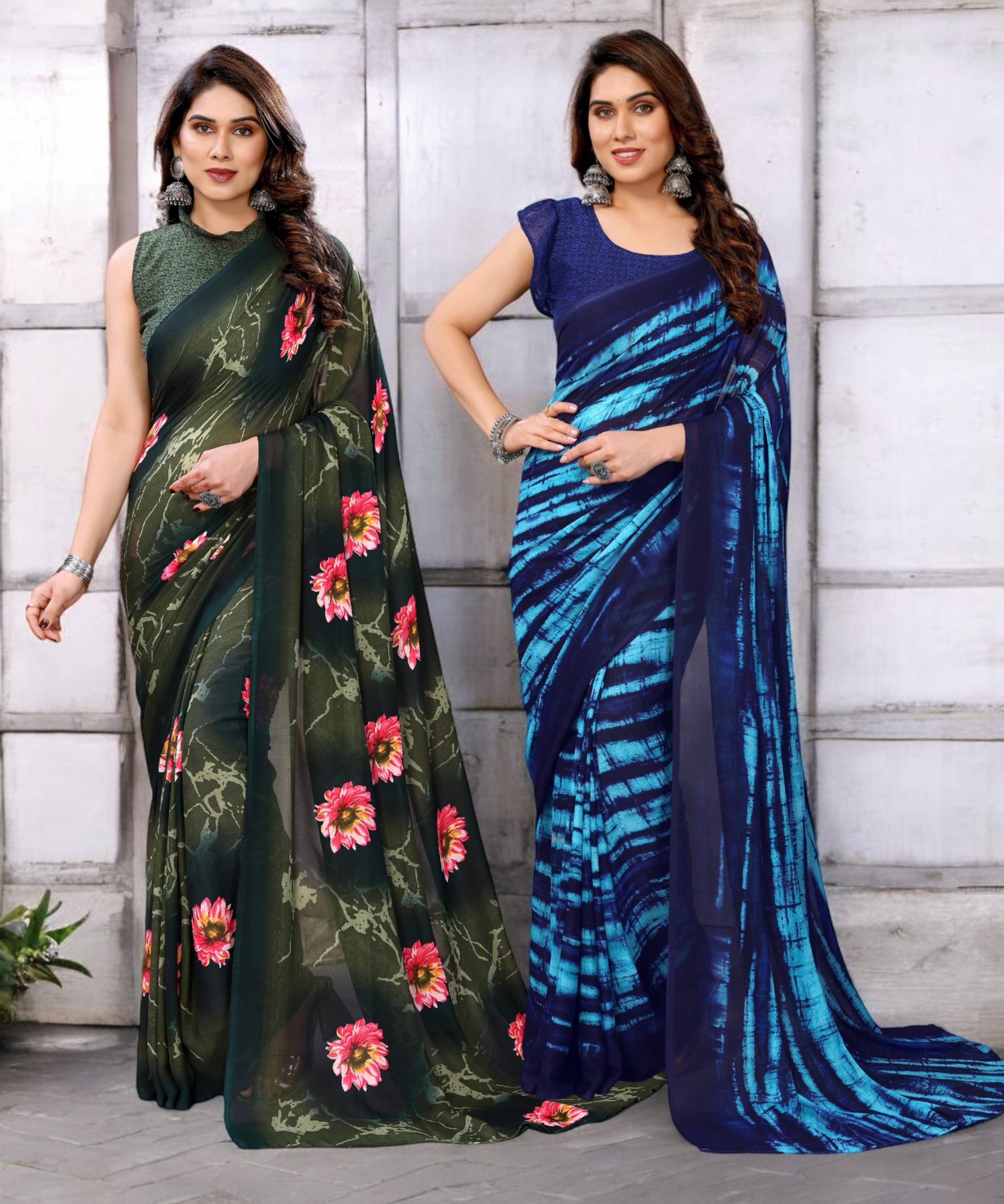     			TTH Georgette Printed Saree With Unstitched Blouse Piece ( Multicolor )