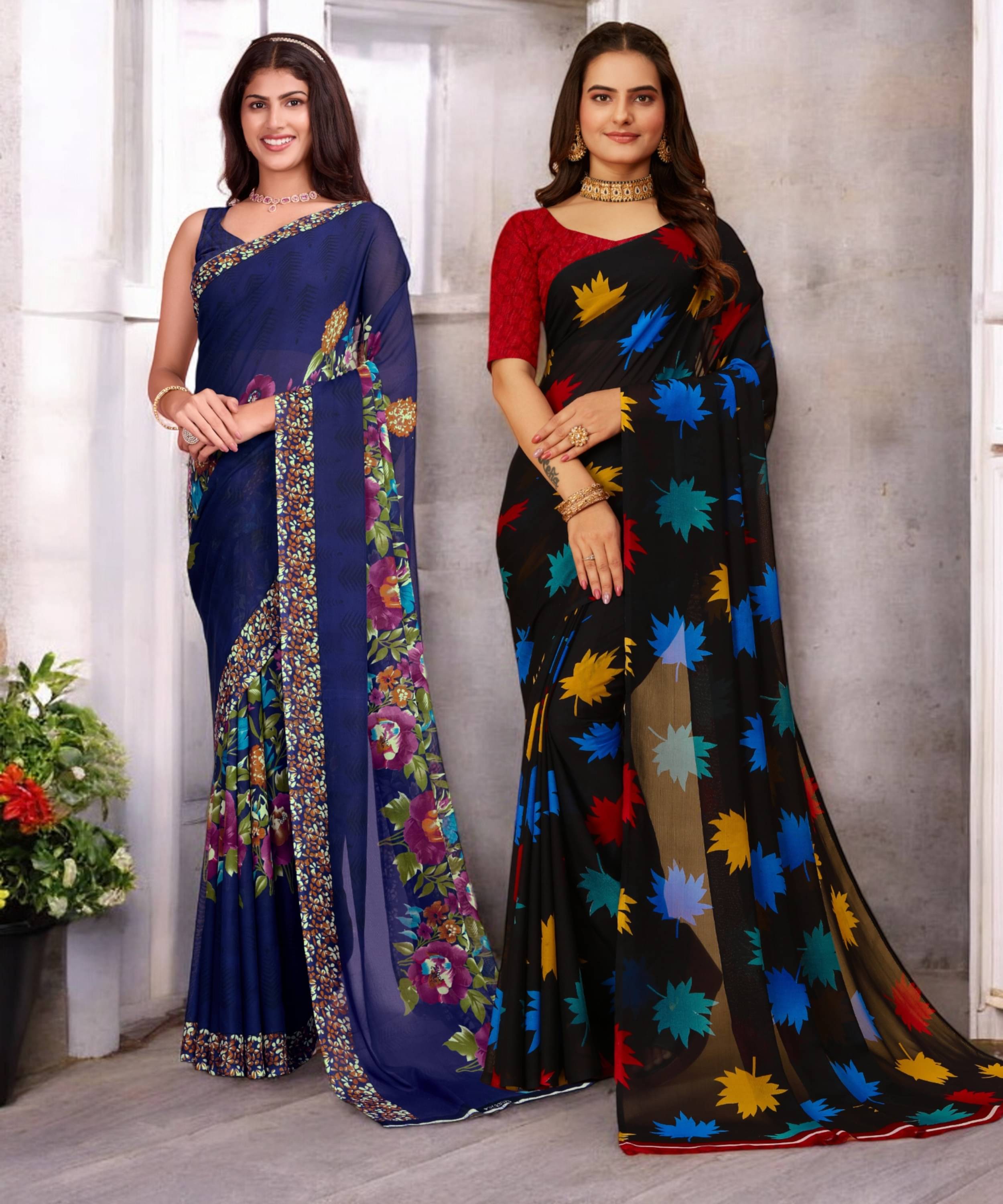     			TTH Georgette Printed Saree With Unstitched Blouse Piece ( Multicolor )
