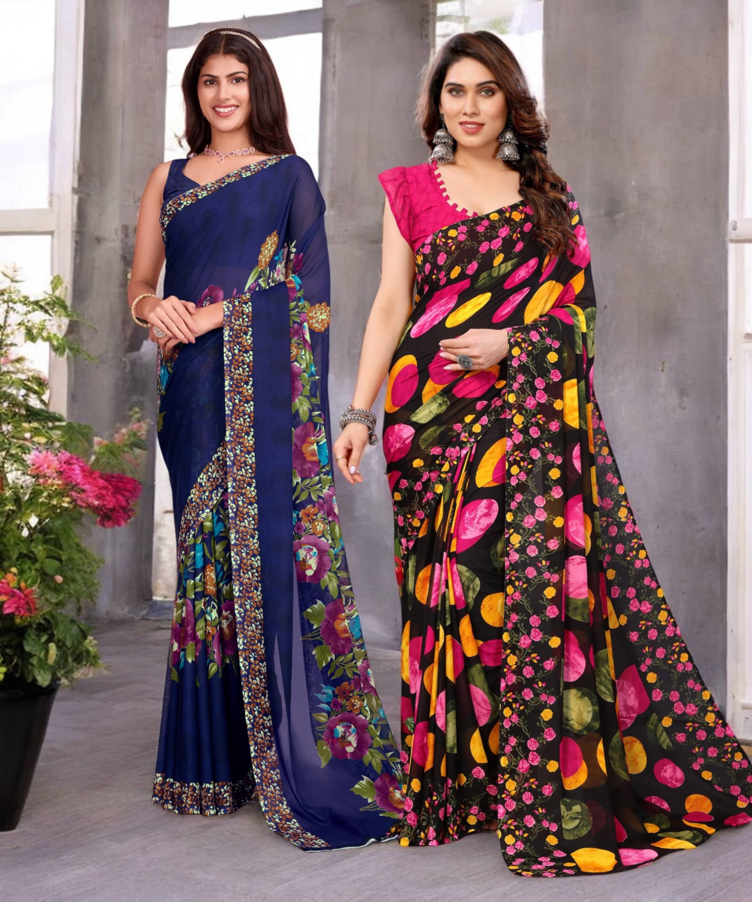 TTH Georgette Printed Saree With Unstitched Blouse Piece ( Multicolor )     			TTH Georgette Printed Saree With Unstitched Blouse Piece ( Multicolor )