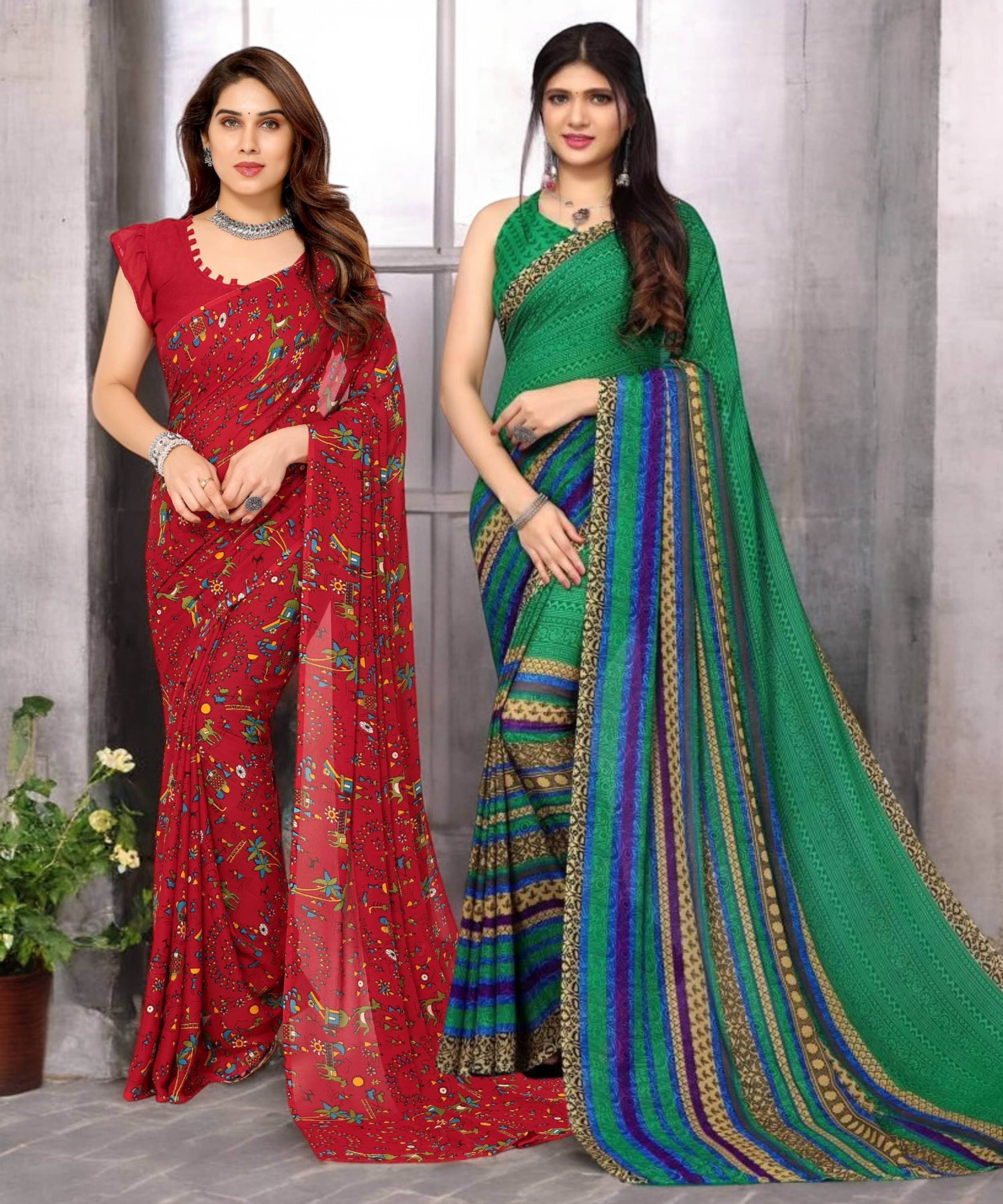     			TTH Georgette Printed Saree With Unstitched Blouse Piece ( Multicolor )