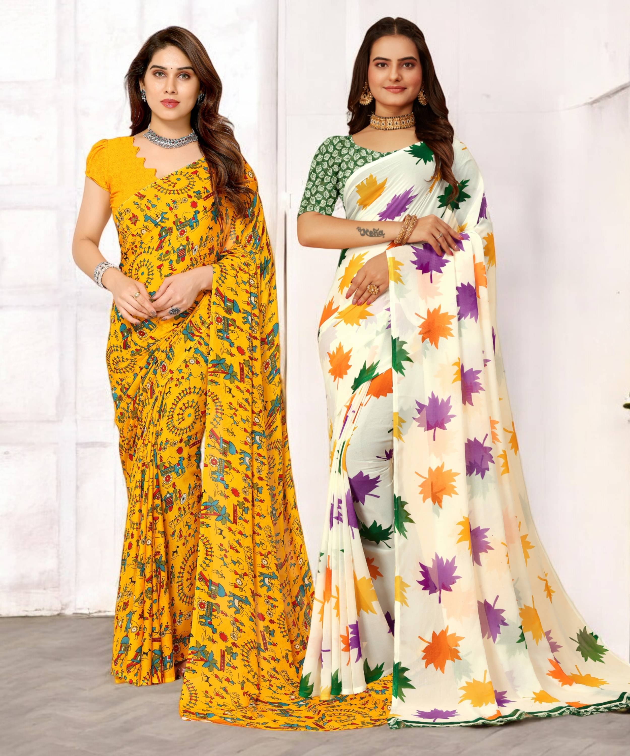     			TTH Georgette Printed Saree With Unstitched Blouse Piece ( Multicolor )