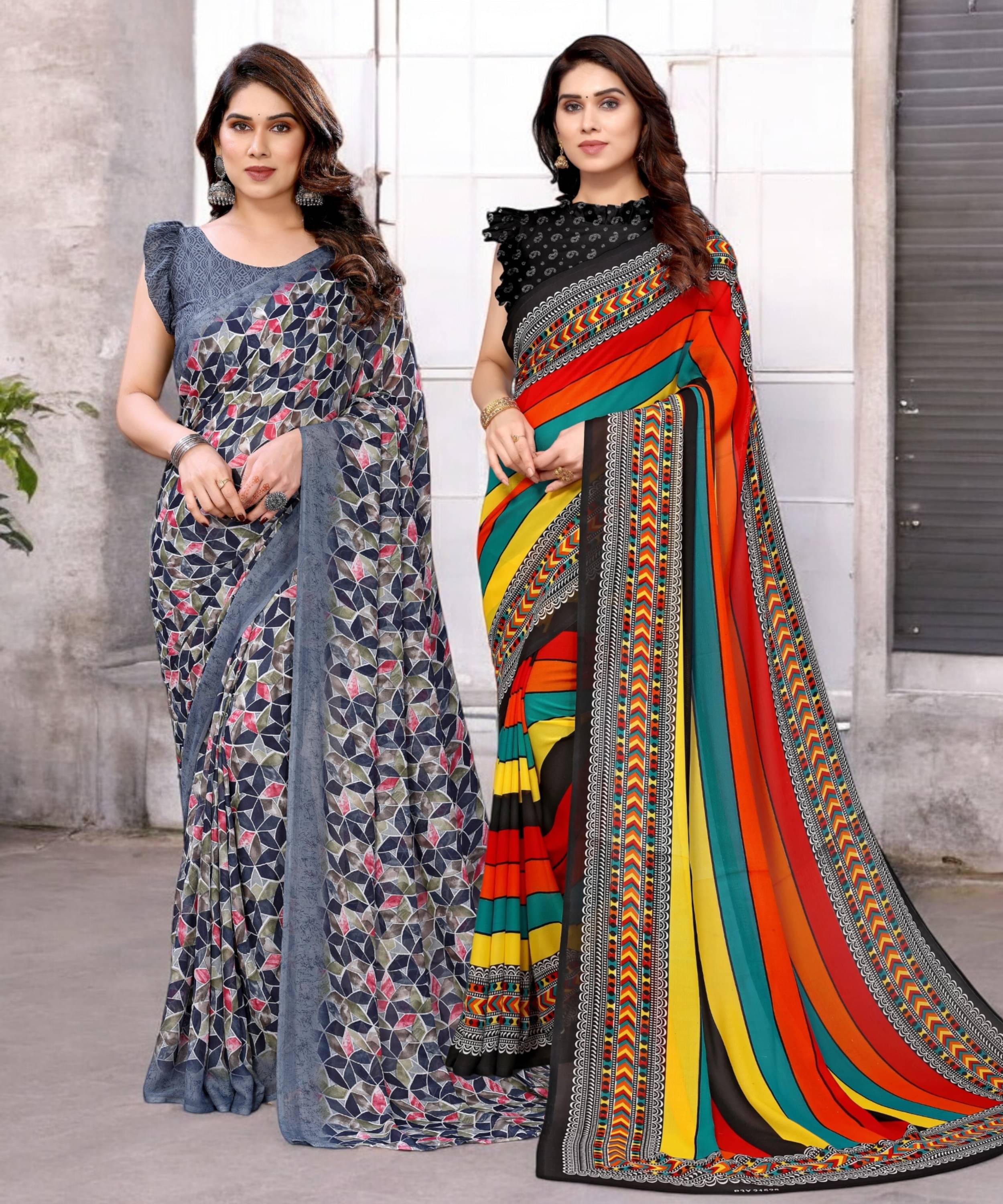     			TTH Georgette Printed Saree With Unstitched Blouse Piece ( Multicolor )