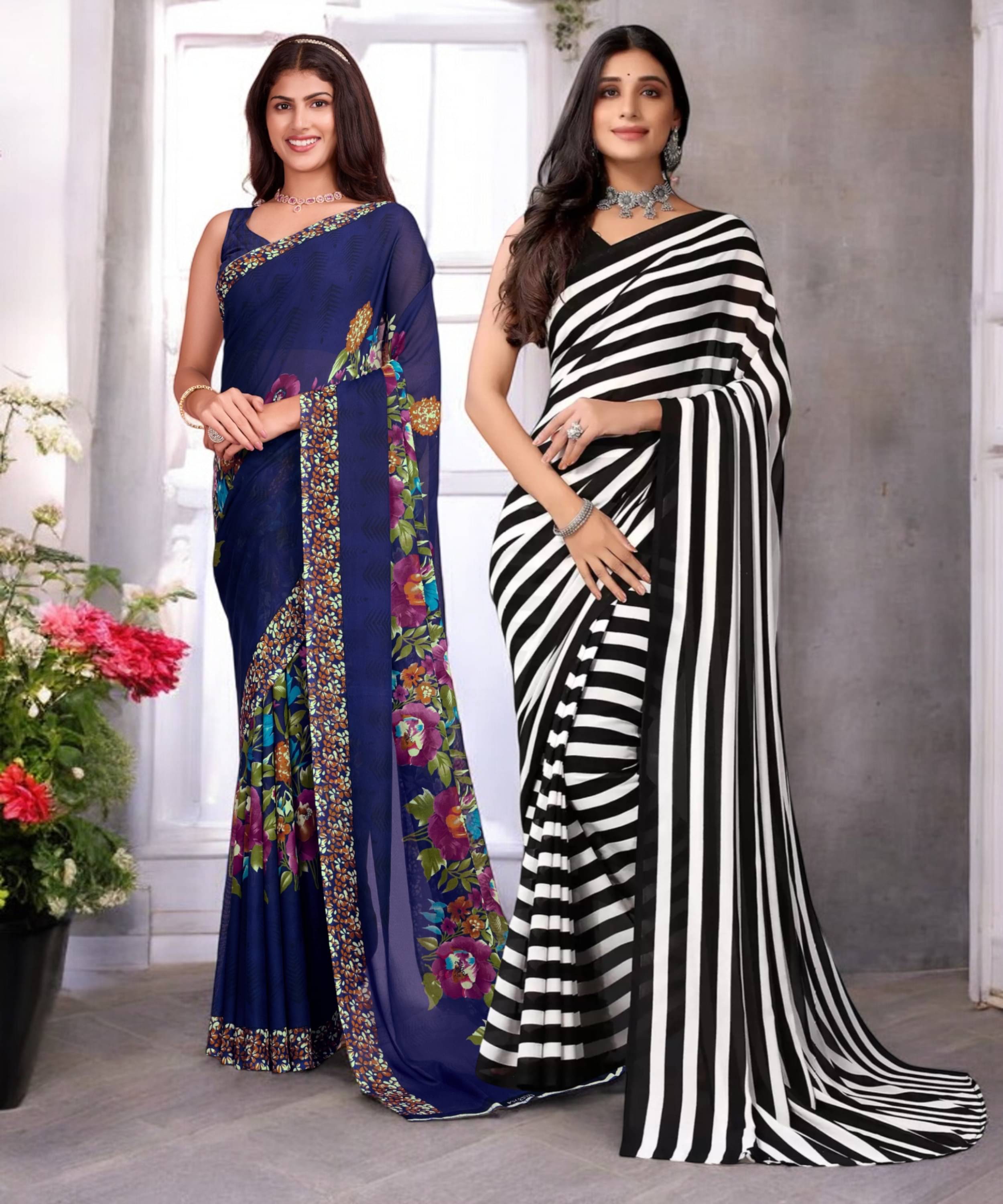     			TTH Georgette Printed Saree With Unstitched Blouse Piece ( Multicolor )
