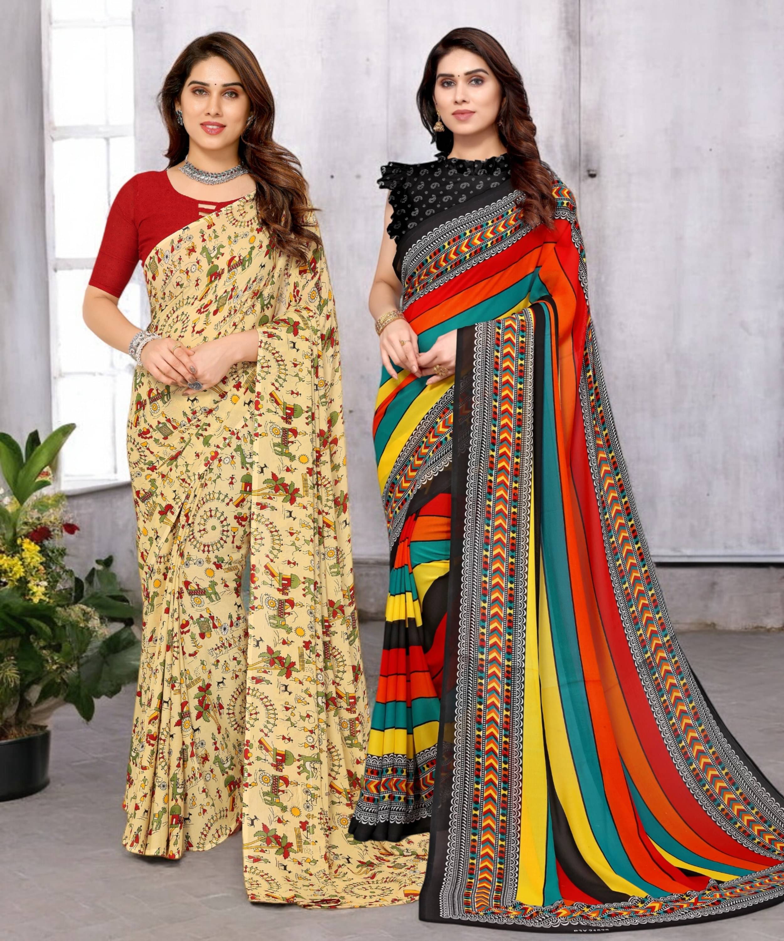 TTH Georgette Printed Saree With Unstitched Blouse Piece ( Multicolor ) TTH Georgette Printed Saree With Unstitched Blouse Piece ( Multicolor )