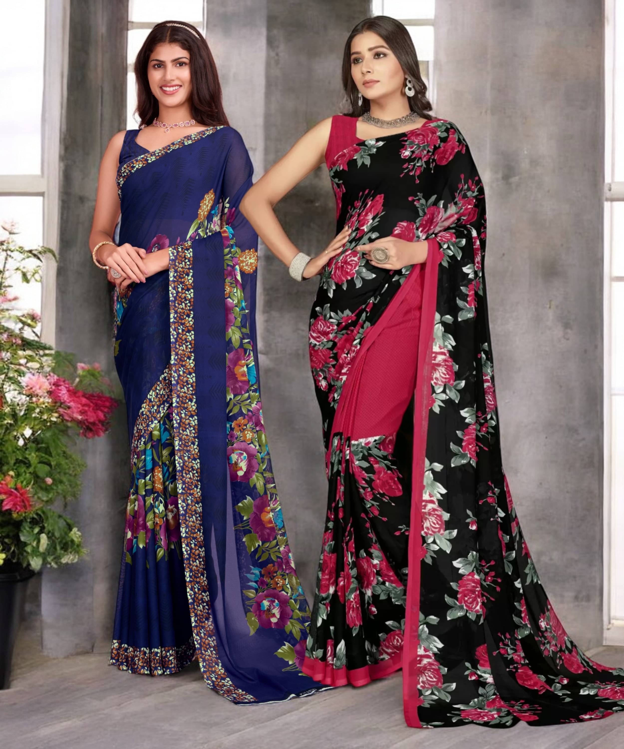     			TTH Georgette Printed Saree With Unstitched Blouse Piece ( Multicolor )