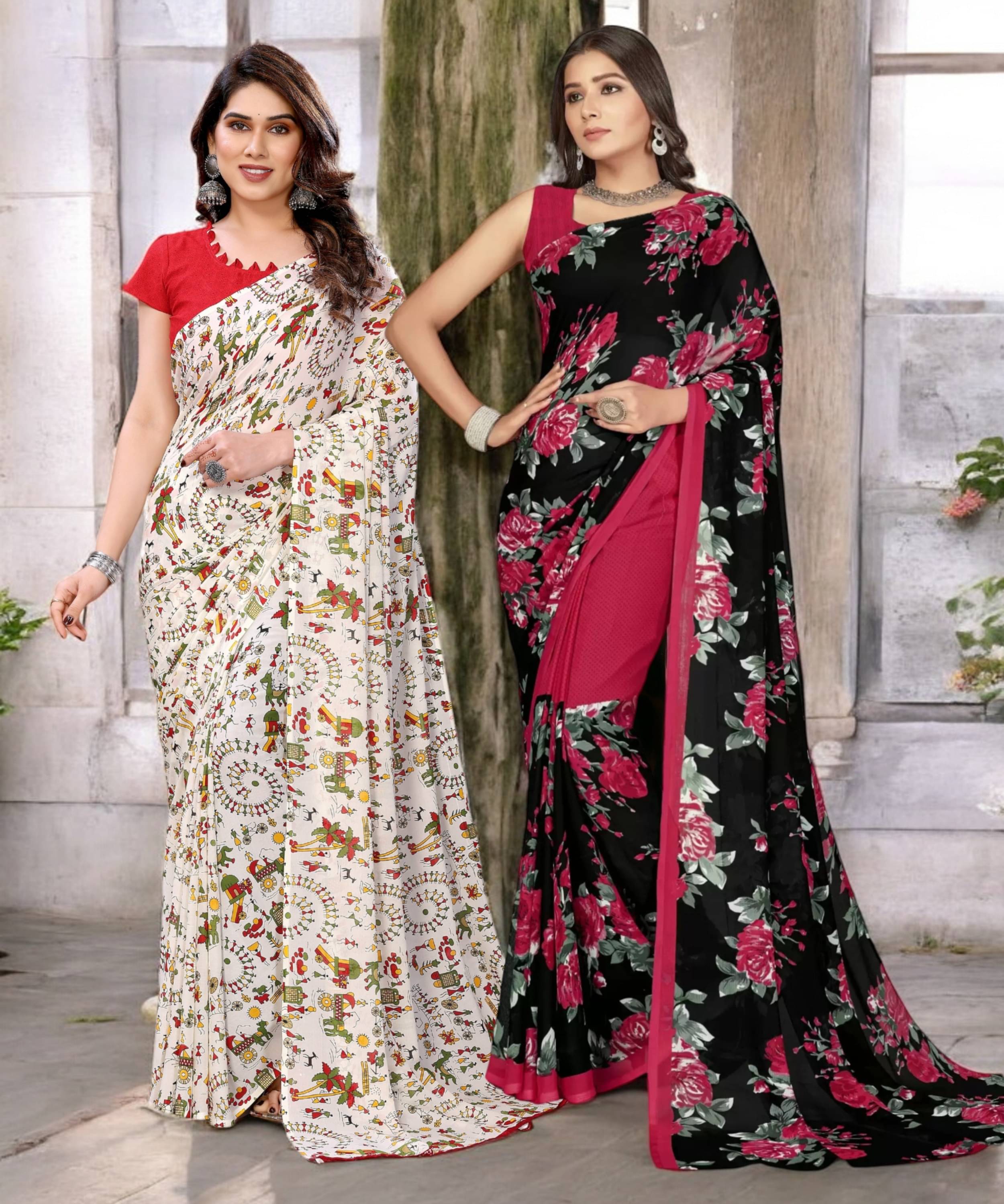     			TTH Georgette Printed Saree With Unstitched Blouse Piece ( Multicolor )