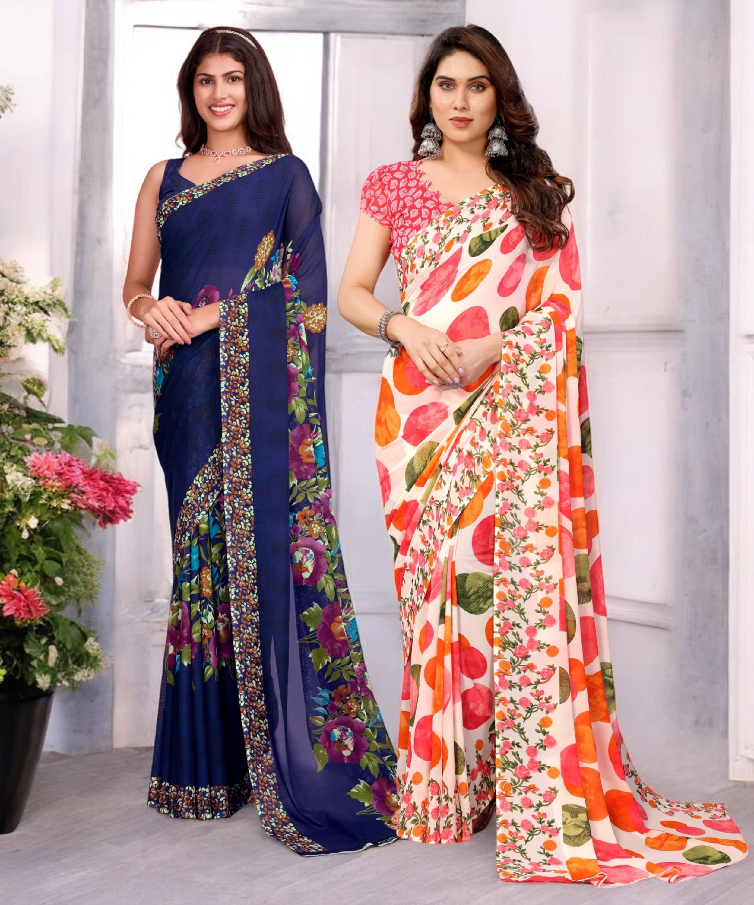     			TTH Georgette Printed Saree With Unstitched Blouse Piece ( Multicolor )