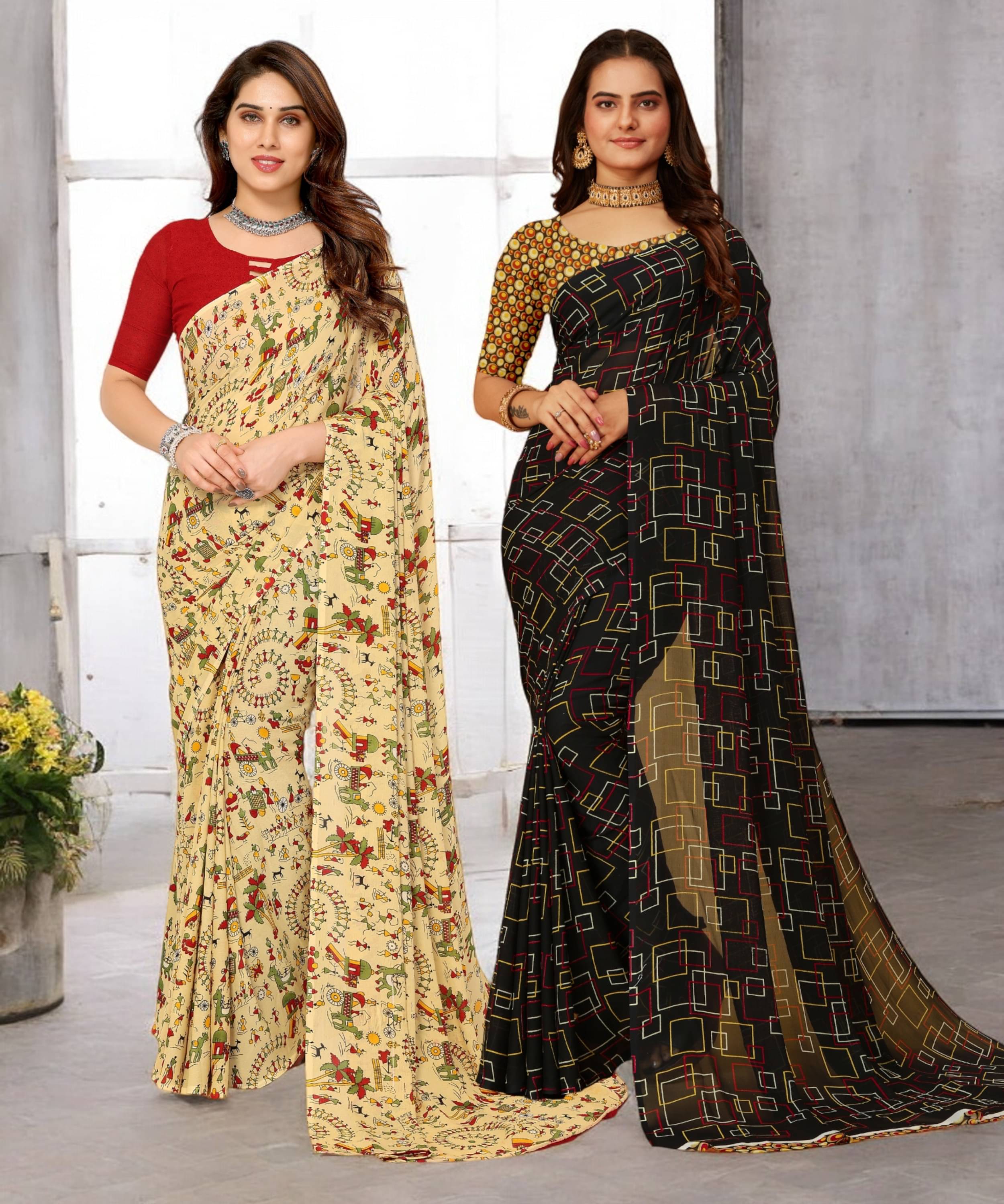     			TTH Georgette Printed Saree With Unstitched Blouse Piece ( Multicolor )