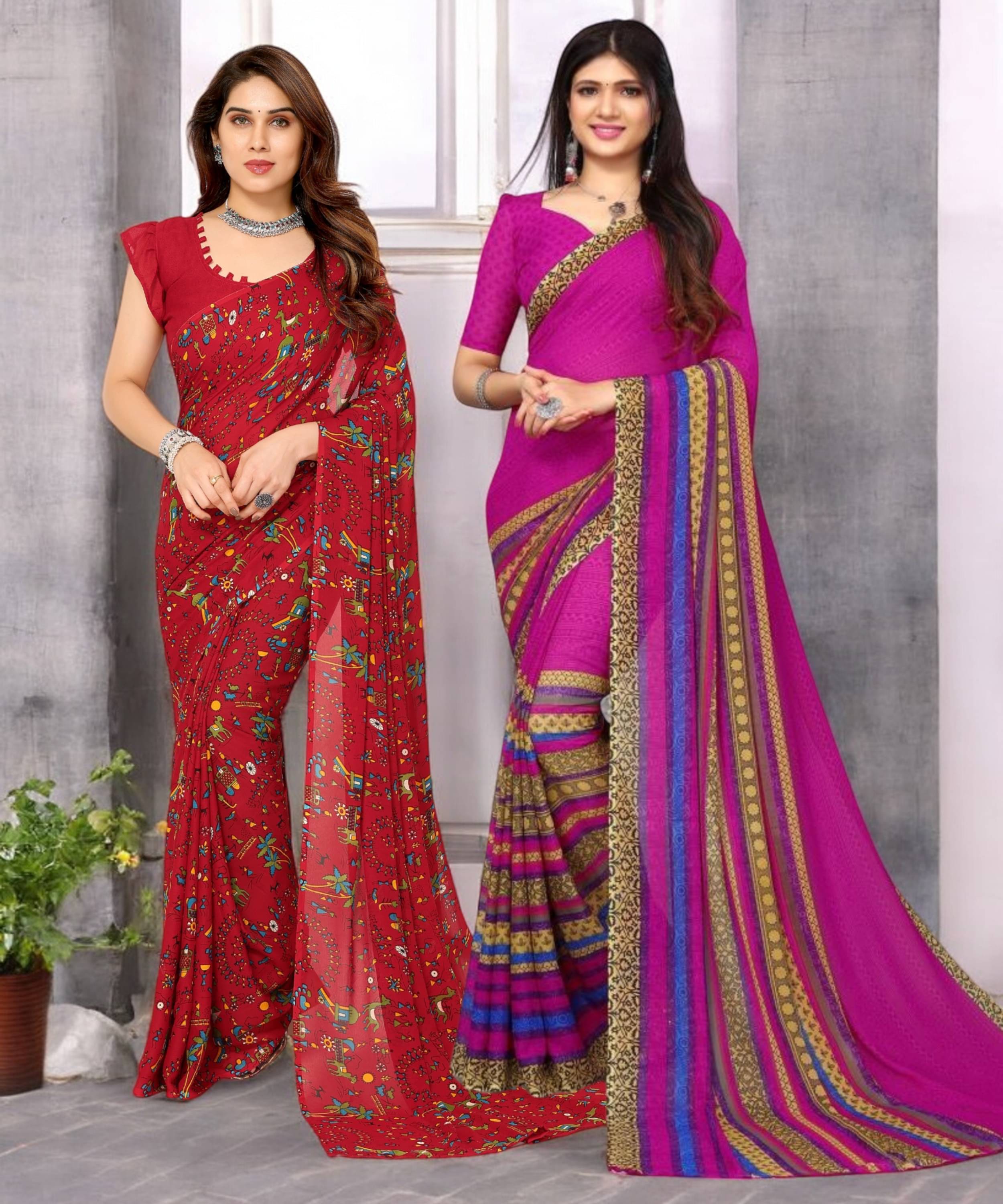     			TTH Georgette Printed Saree With Unstitched Blouse Piece ( Multicolor )