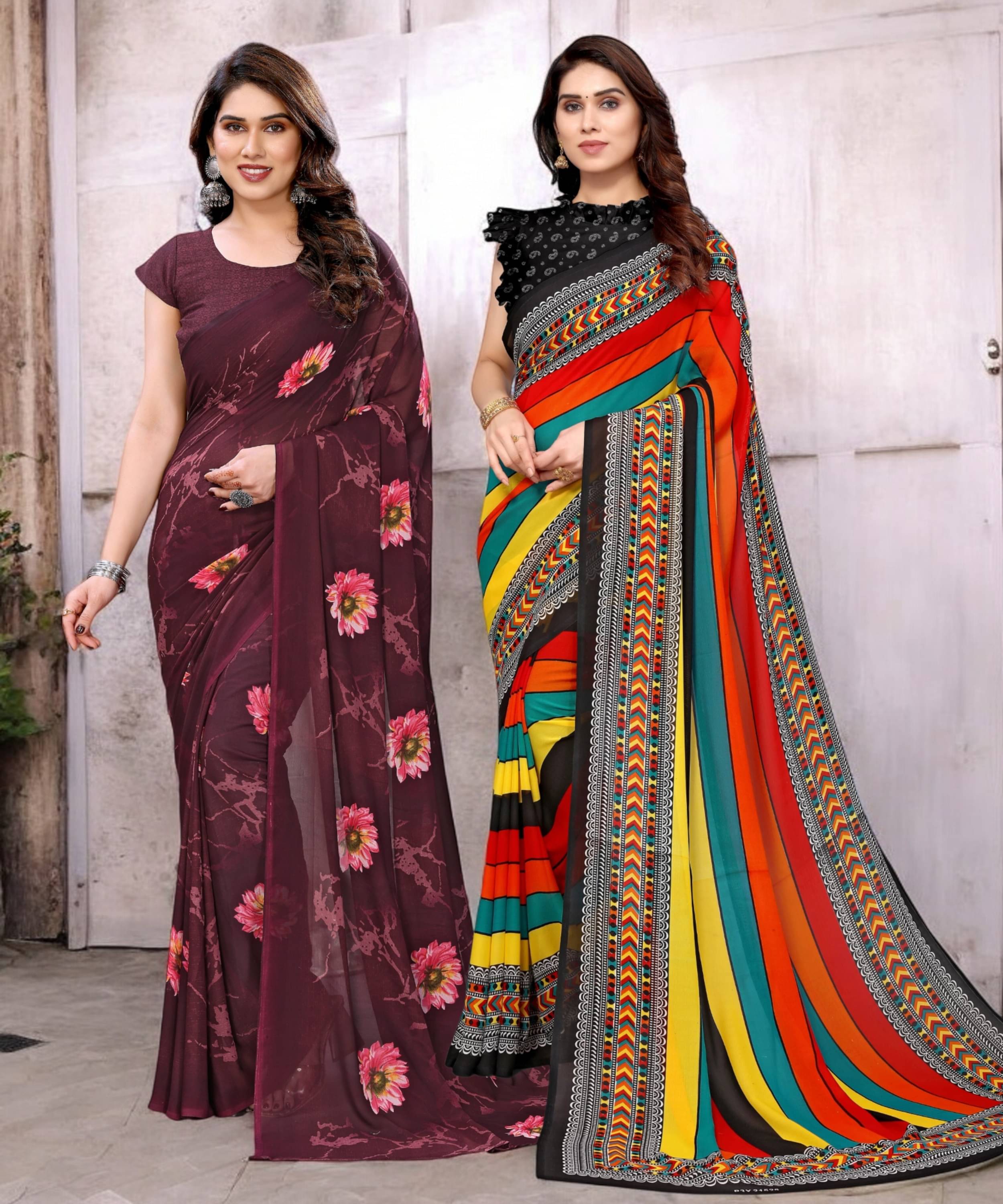     			TTH Georgette Printed Saree With Unstitched Blouse Piece ( Multicolor )