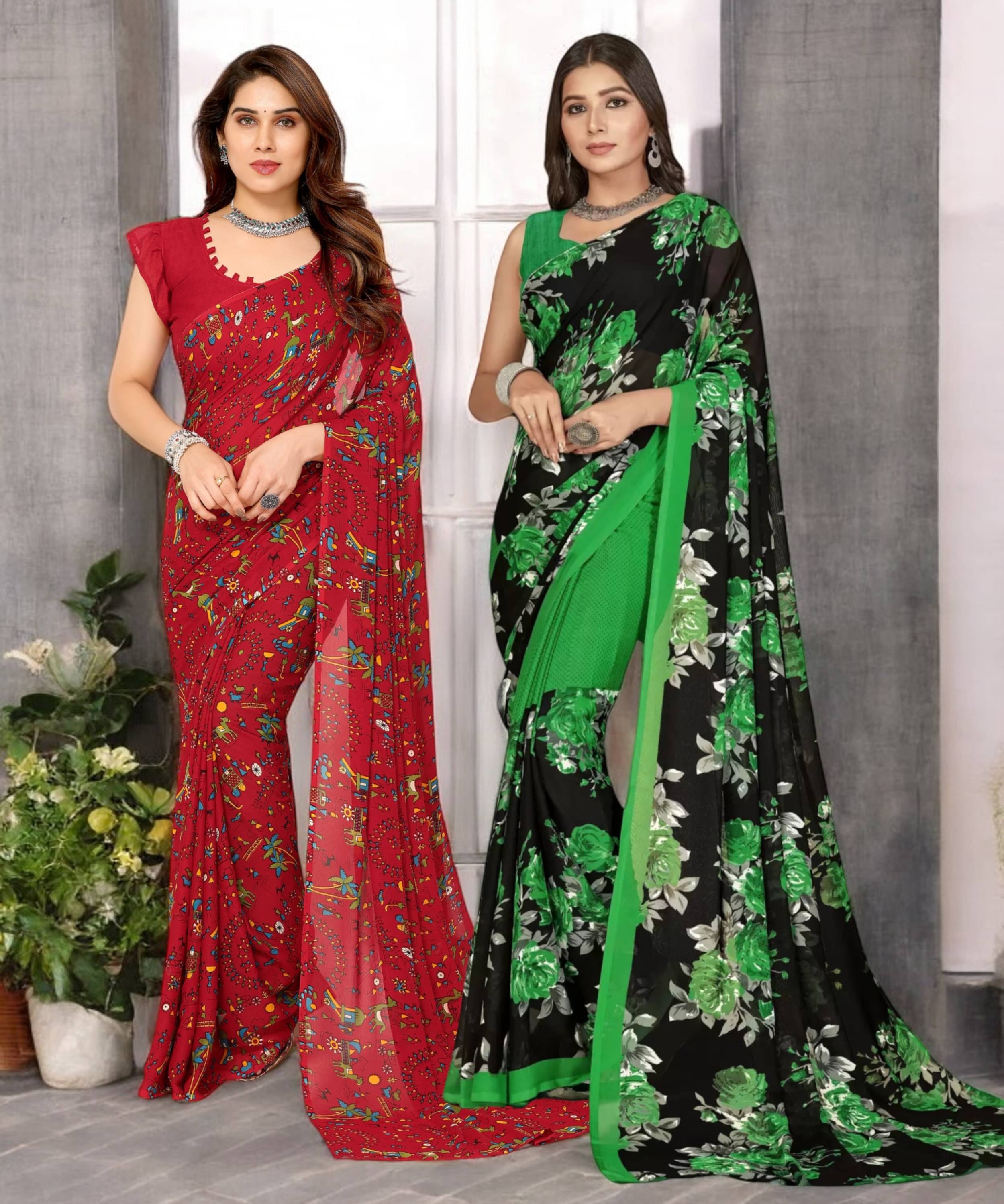     			TTH Georgette Printed Saree With Unstitched Blouse Piece ( Multicolor )