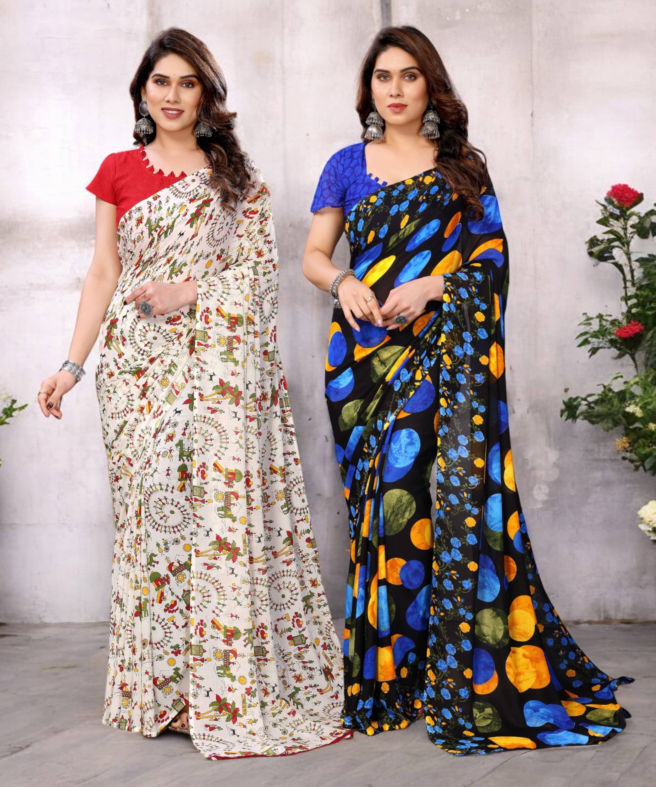     			TTH Georgette Printed Saree With Unstitched Blouse Piece ( Multicolor )