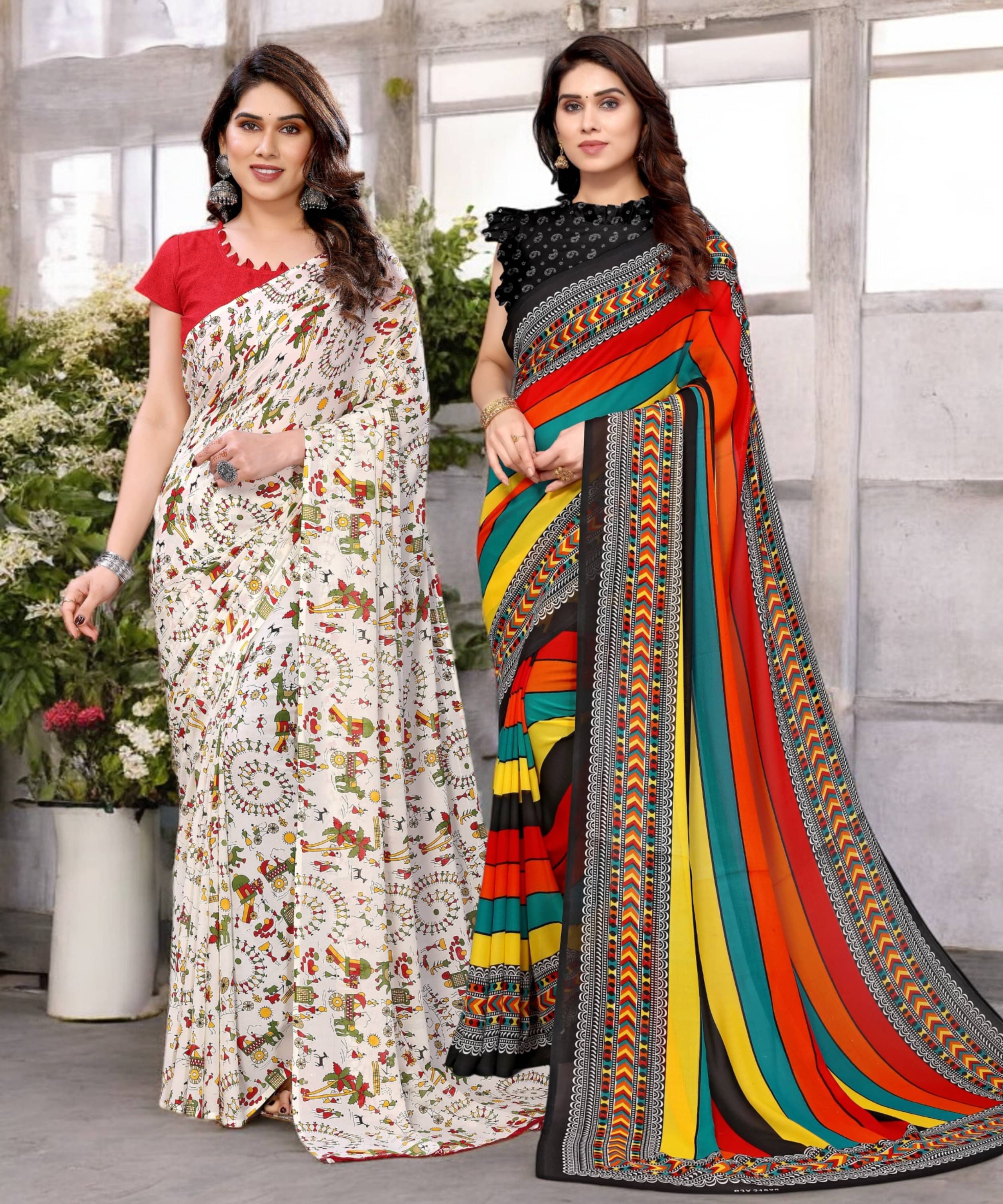 TTH Georgette Printed Saree With Unstitched Blouse Piece ( Multicolor ) TTH Georgette Printed Saree With Unstitched Blouse Piece ( Multicolor )