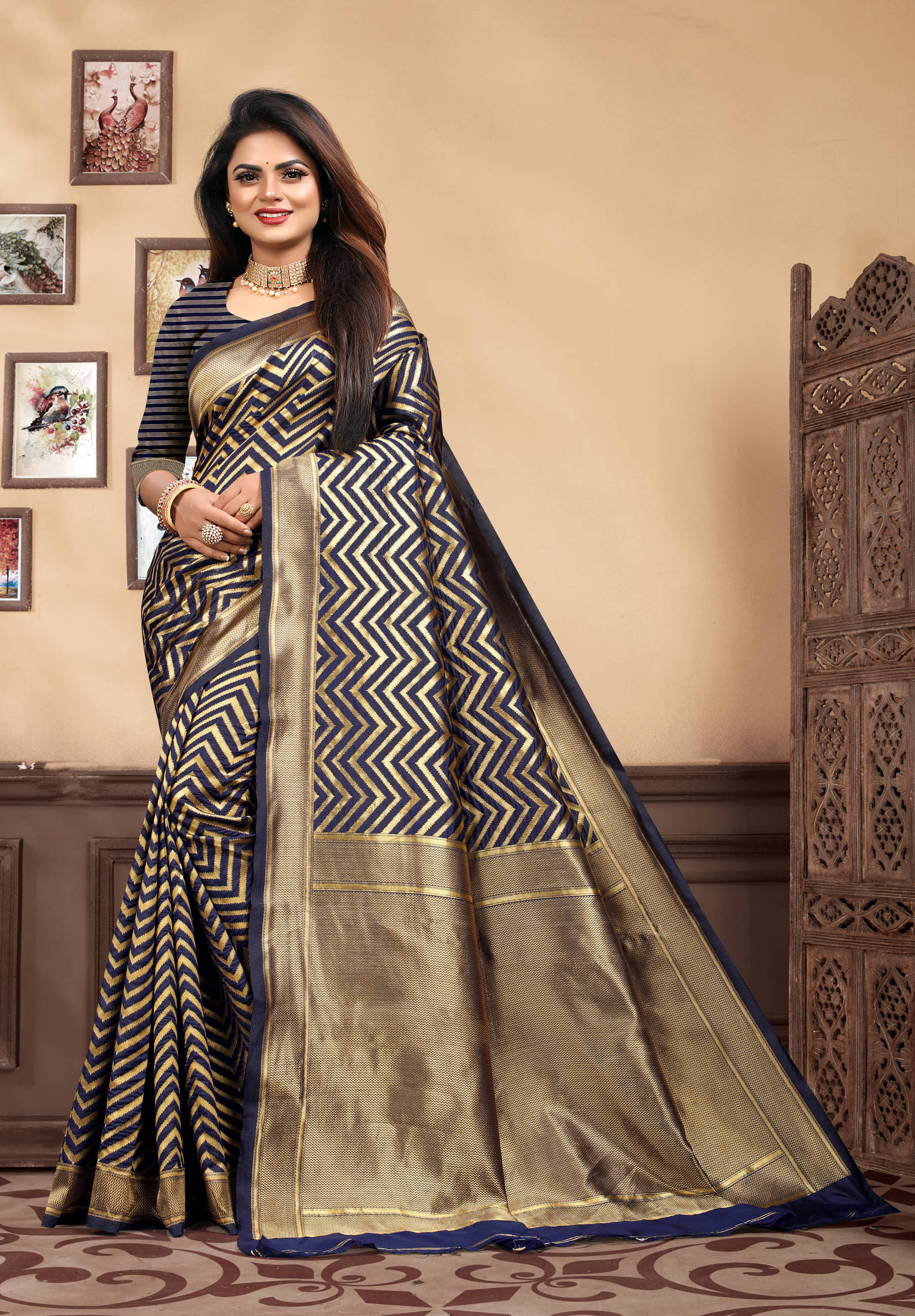     			VEDANT VASTRAM Art Silk Self Design Saree With Unstitched Blouse Piece ( Navy Blue )
