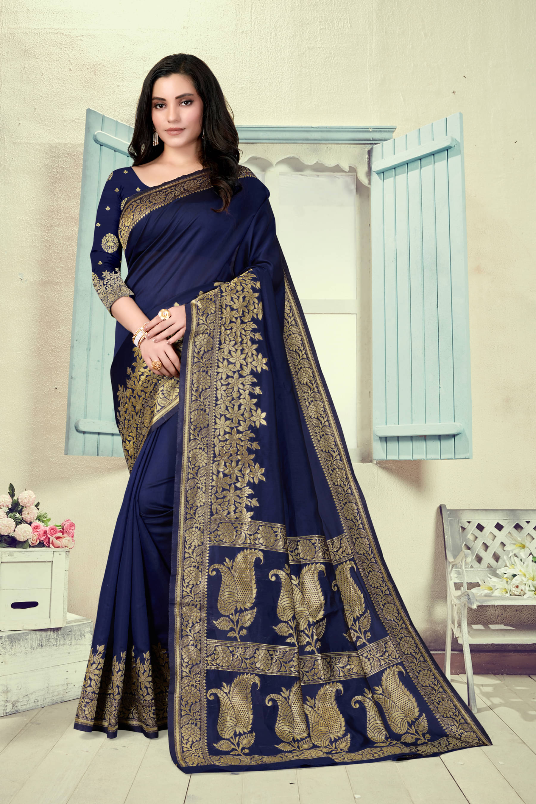 VEDANT VASTRAM Art Silk Self Design Saree With Unstitched Blouse Piece ( Navy Blue )     			VEDANT VASTRAM Art Silk Self Design Saree With Unstitched Blouse Piece ( Navy Blue )