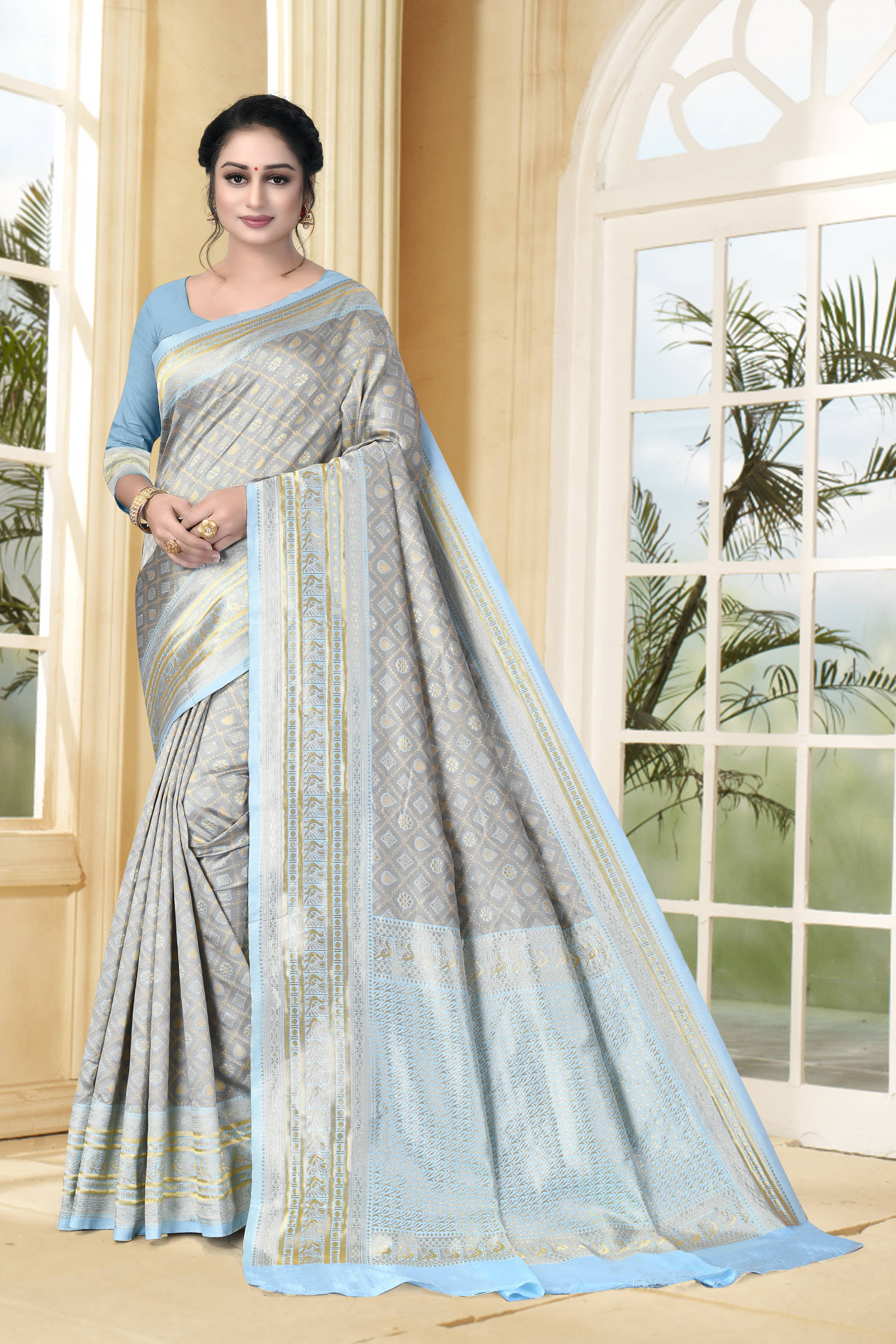     			VEDANT VASTRAM Art Silk Woven Saree With Unstitched Blouse Piece ( Grey )
