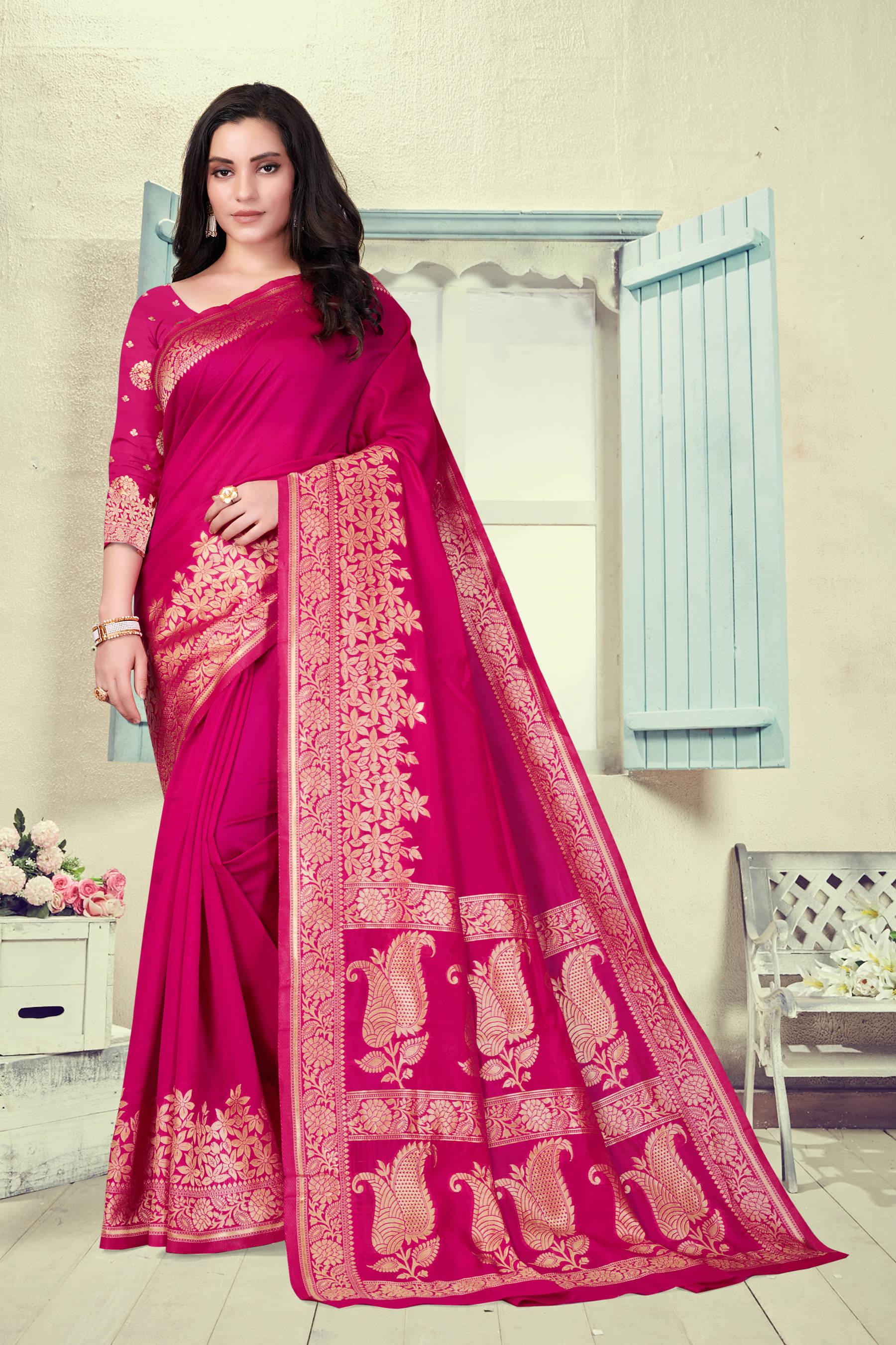 VEDANT VASTRAM Art Silk Woven Saree With Unstitched Blouse Piece ( Magenta )     			VEDANT VASTRAM Art Silk Woven Saree With Unstitched Blouse Piece ( Magenta )
