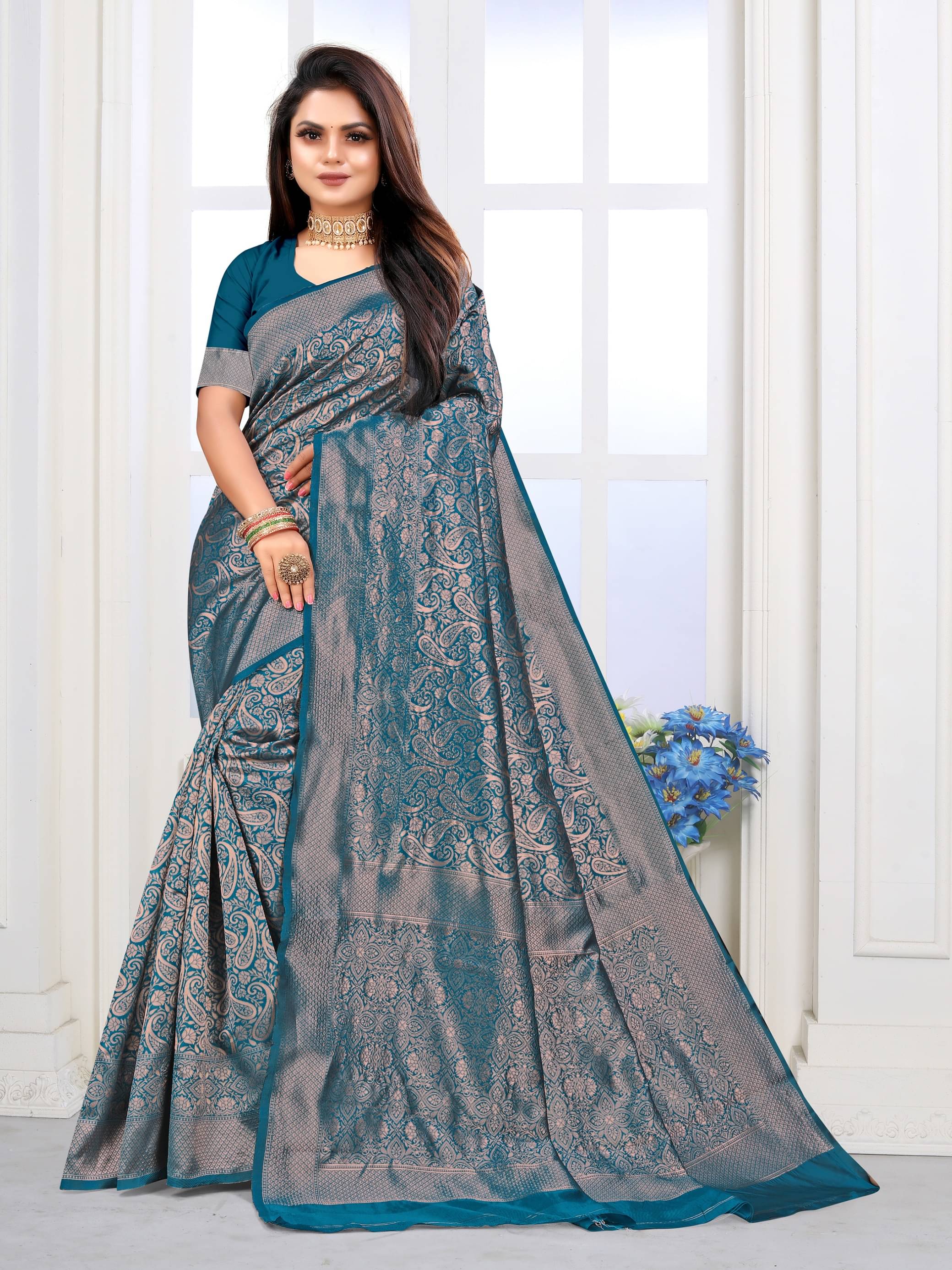 VEDANT VASTRAM Art Silk Woven Saree With Unstitched Blouse Piece ( Rama ) VEDANT VASTRAM Art Silk Woven Saree With Unstitched Blouse Piece ( Rama )