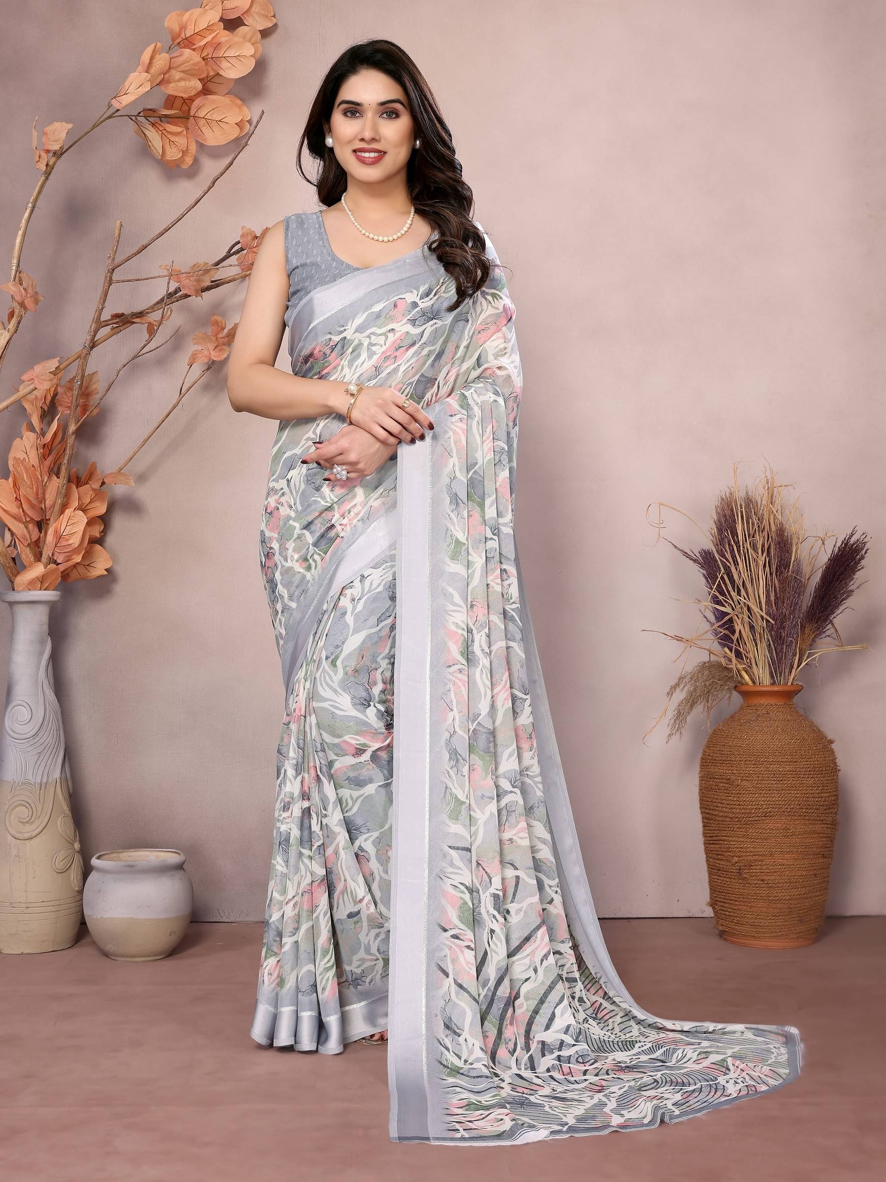 VEDANT VASTRAM Chiffon Printed Saree With Unstitched Blouse Piece ( Grey ) VEDANT VASTRAM Chiffon Printed Saree With Unstitched Blouse Piece ( Grey )
