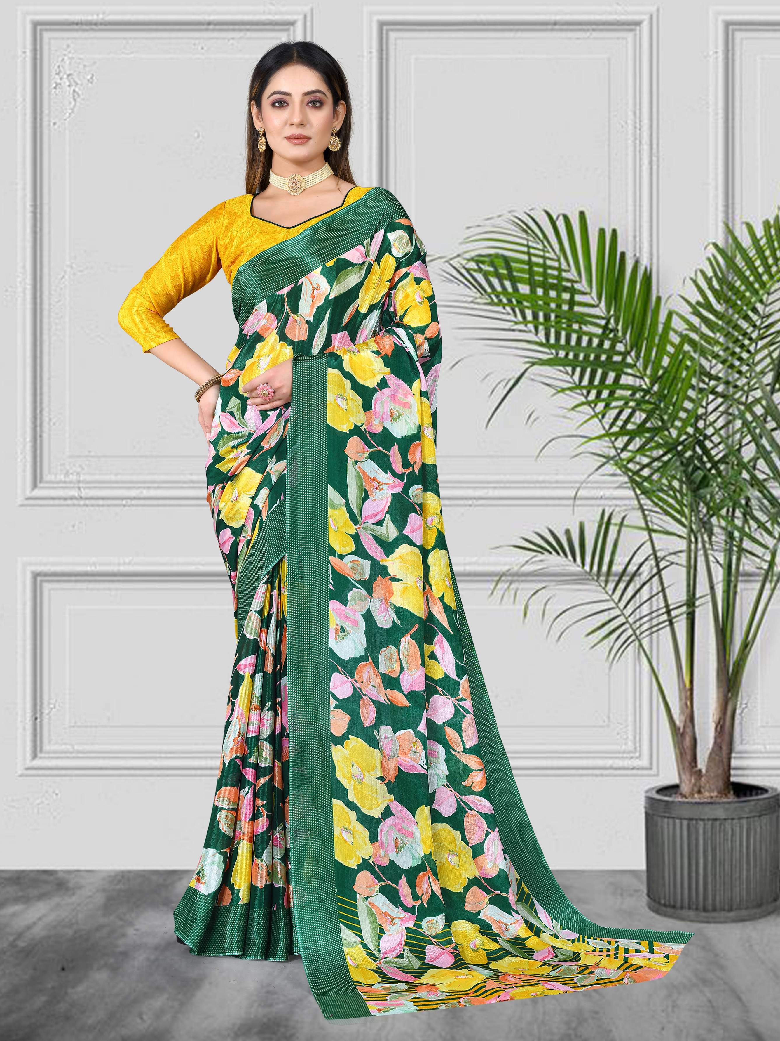 VEDANT VASTRAM Chiffon Printed Saree With Unstitched Blouse Piece ( Yellow ) VEDANT VASTRAM Chiffon Printed Saree With Unstitched Blouse Piece ( Yellow )