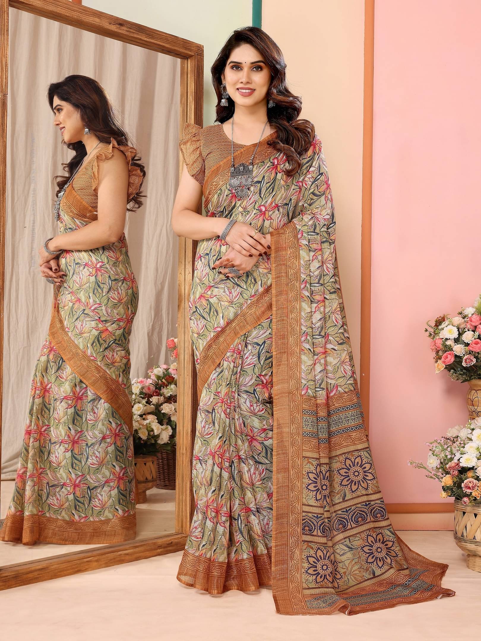     			VEDANT VASTRAM Cotton Blend Printed Saree With Unstitched Blouse Piece ( Brown )
