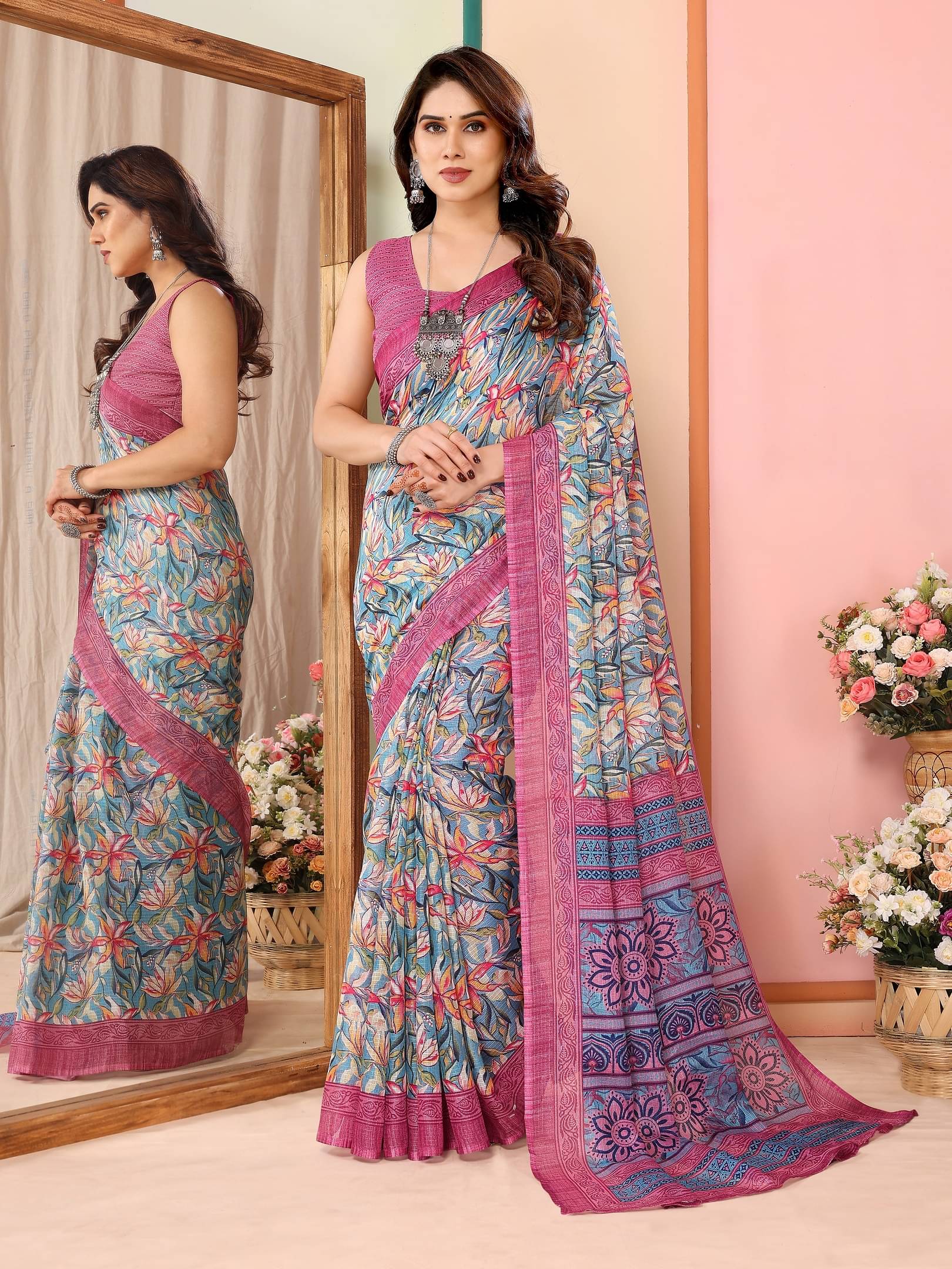 VEDANT VASTRAM Cotton Blend Printed Saree With Unstitched Blouse Piece ( Pink ) VEDANT VASTRAM Cotton Blend Printed Saree With Unstitched Blouse Piece ( Pink )
