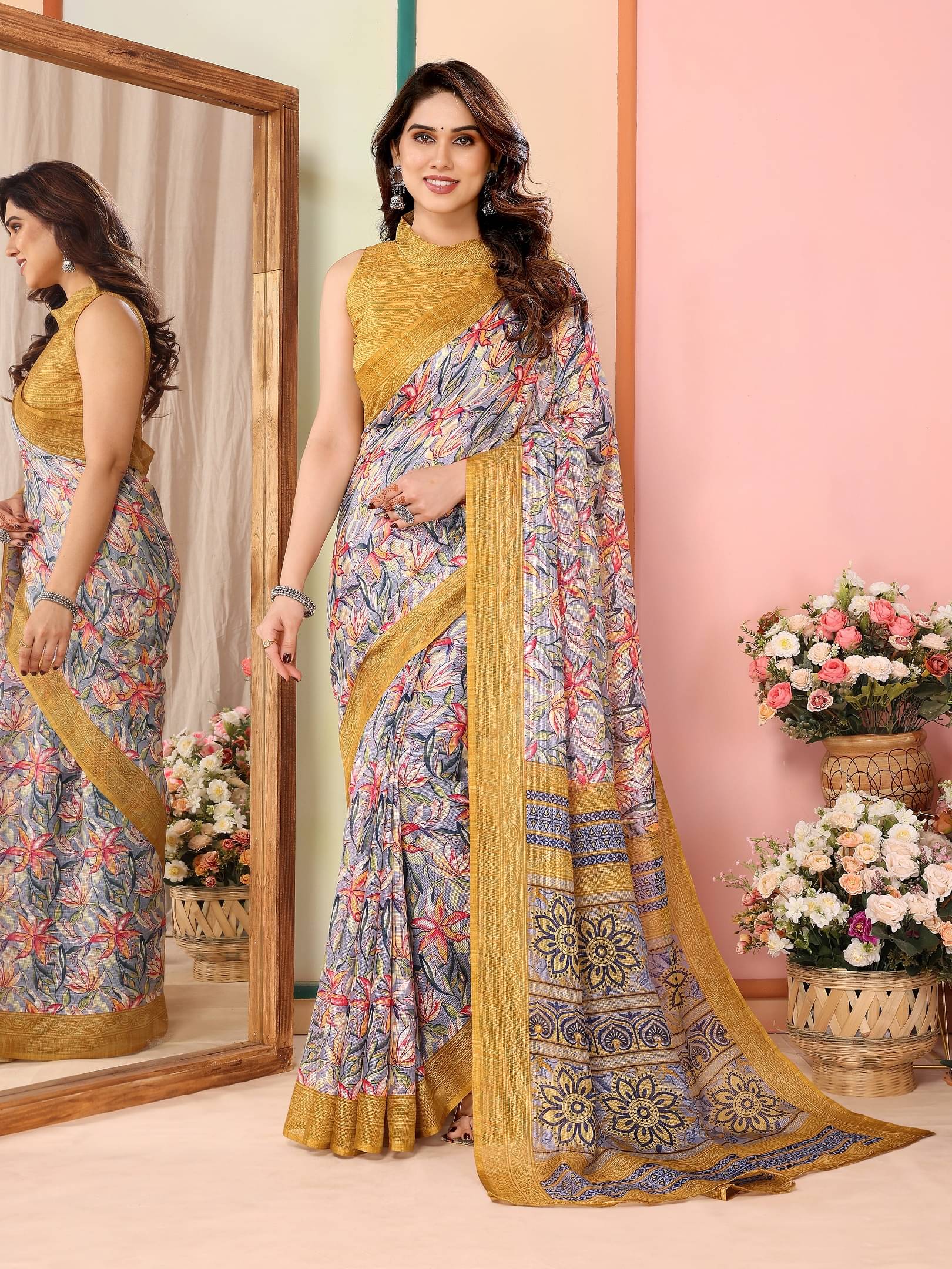 VEDANT VASTRAM Cotton Blend Printed Saree With Unstitched Blouse Piece ( Yellow ) VEDANT VASTRAM Cotton Blend Printed Saree With Unstitched Blouse Piece ( Yellow )
