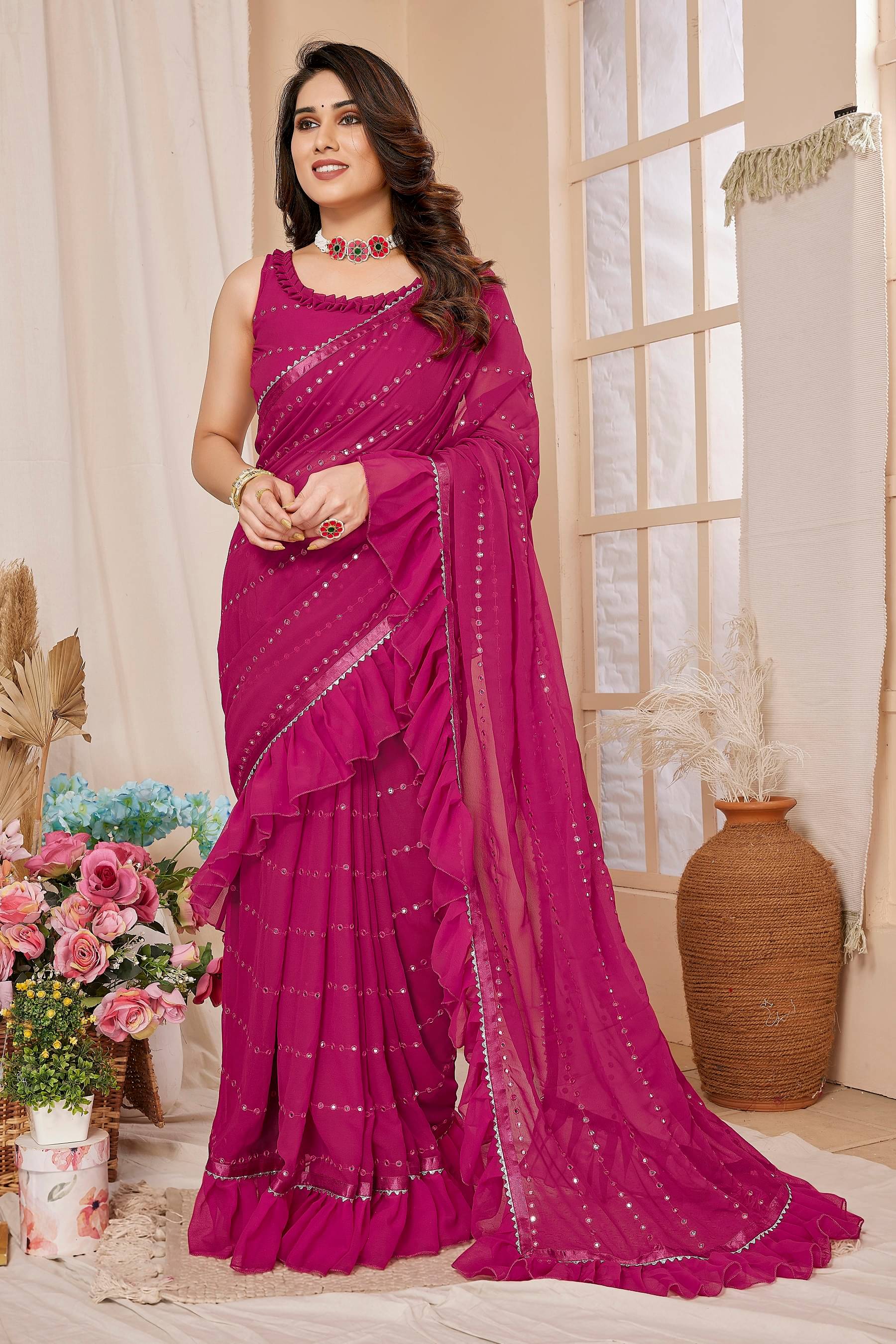     			VEDANT VASTRAM Georgette Embroidered Saree With Unstitched Blouse Piece ( Pink )