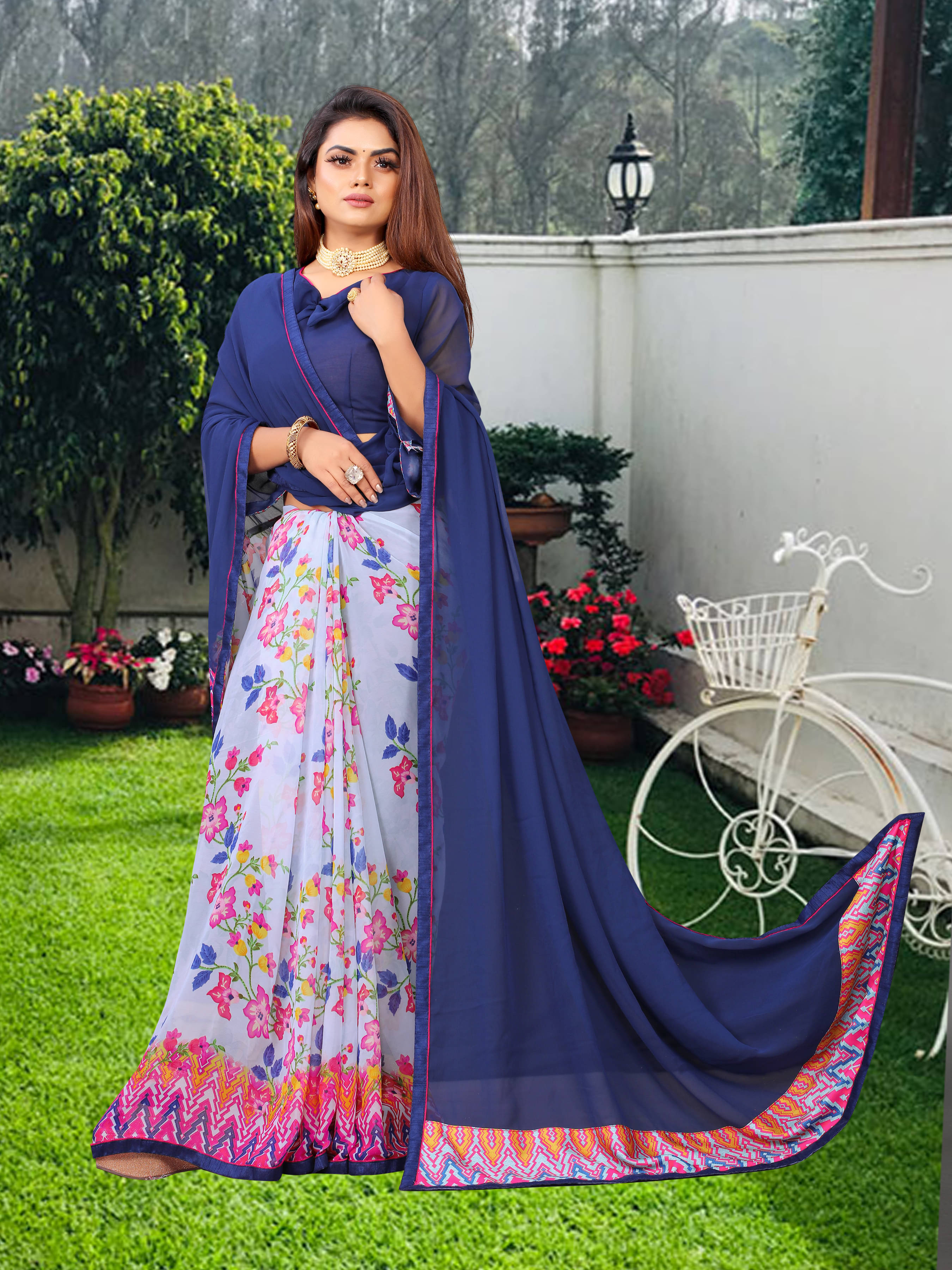 VEDANT VASTRAM Georgette Printed Saree With Unstitched Blouse Piece ( Blue ) VEDANT VASTRAM Georgette Printed Saree With Unstitched Blouse Piece ( Blue )