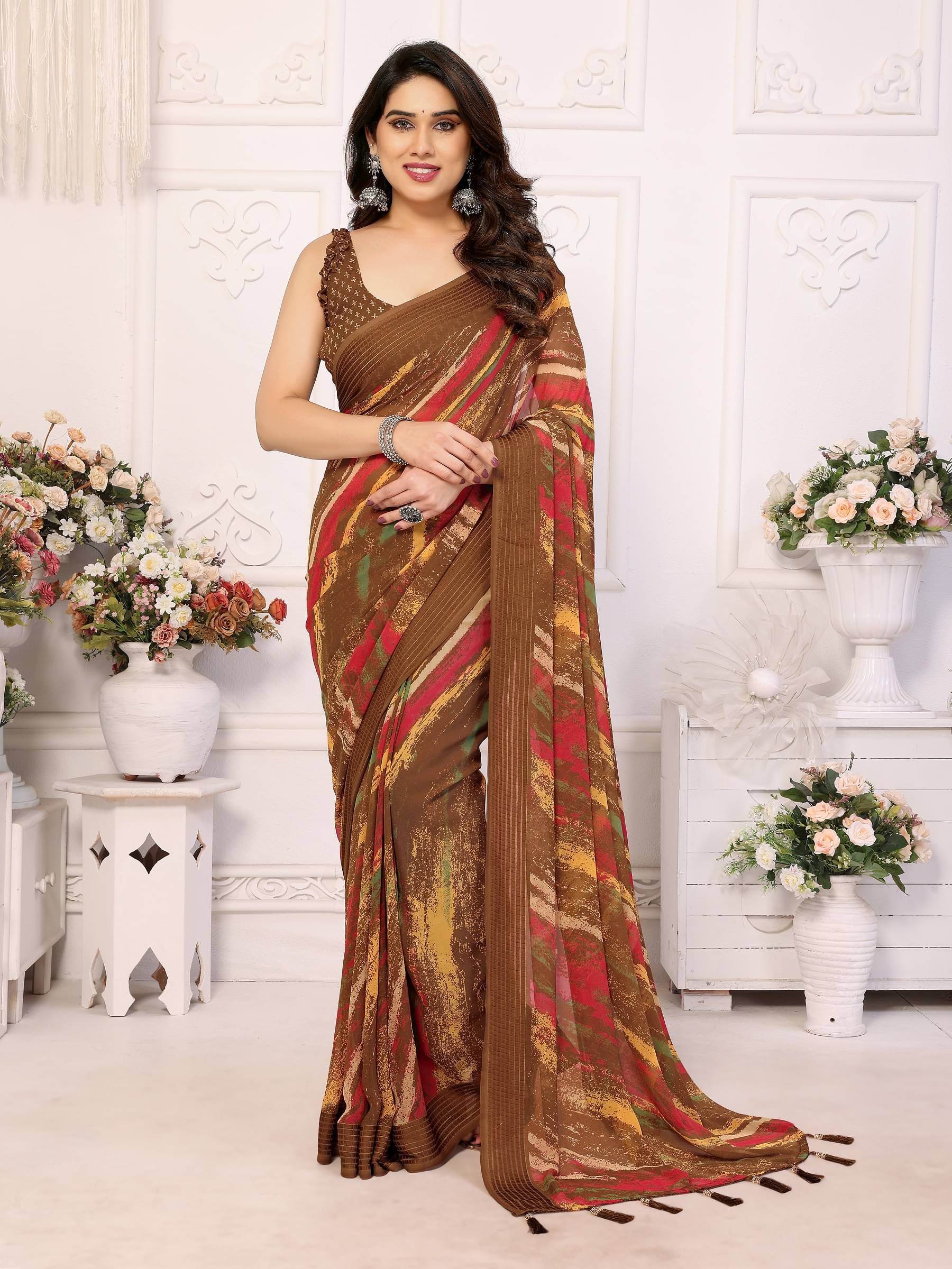 VEDANT VASTRAM Georgette Printed Saree With Unstitched Blouse Piece ( Brown ) VEDANT VASTRAM Georgette Printed Saree With Unstitched Blouse Piece ( Brown )
