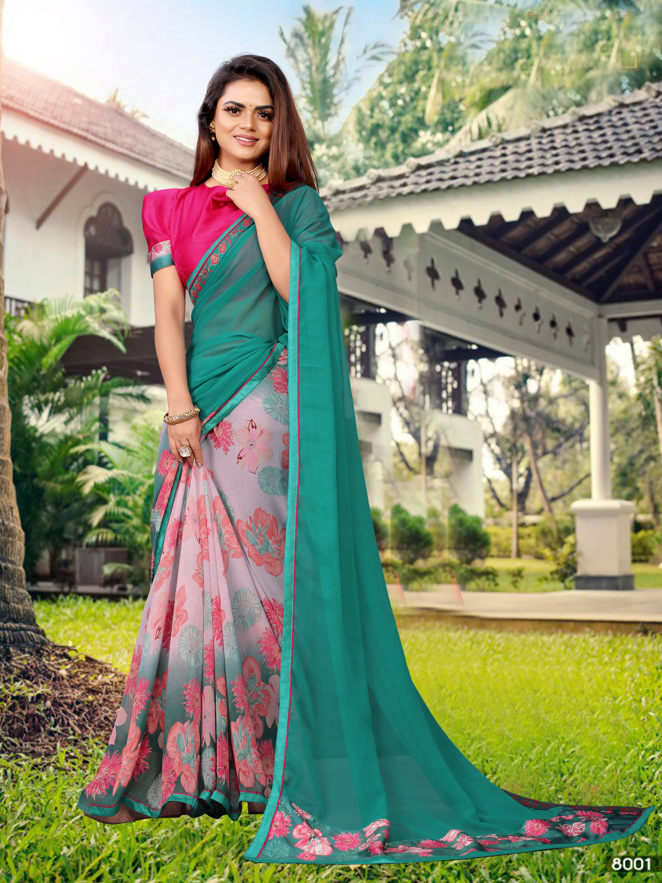     			VEDANT VASTRAM Georgette Printed Saree With Unstitched Blouse Piece ( Rama )