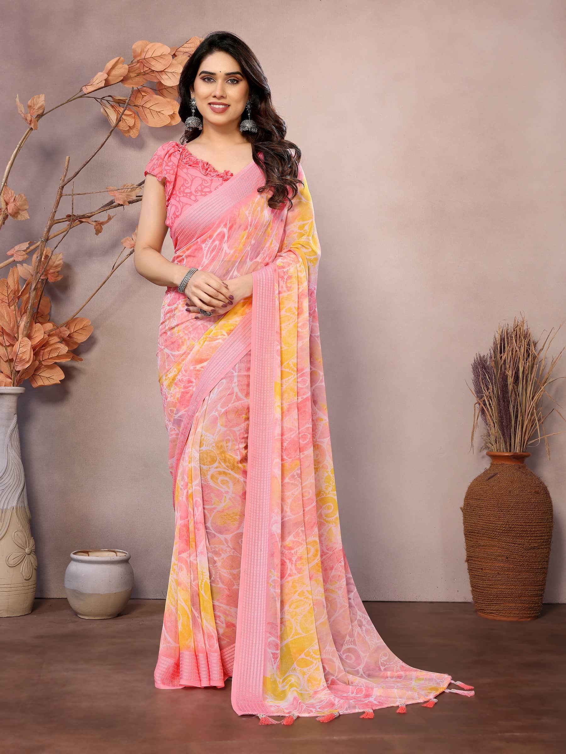 VEDANT VASTRAM Georgette Printed Saree With Unstitched Blouse Piece ( Pink ) - Sarees | Buy online on ZillyBuy
