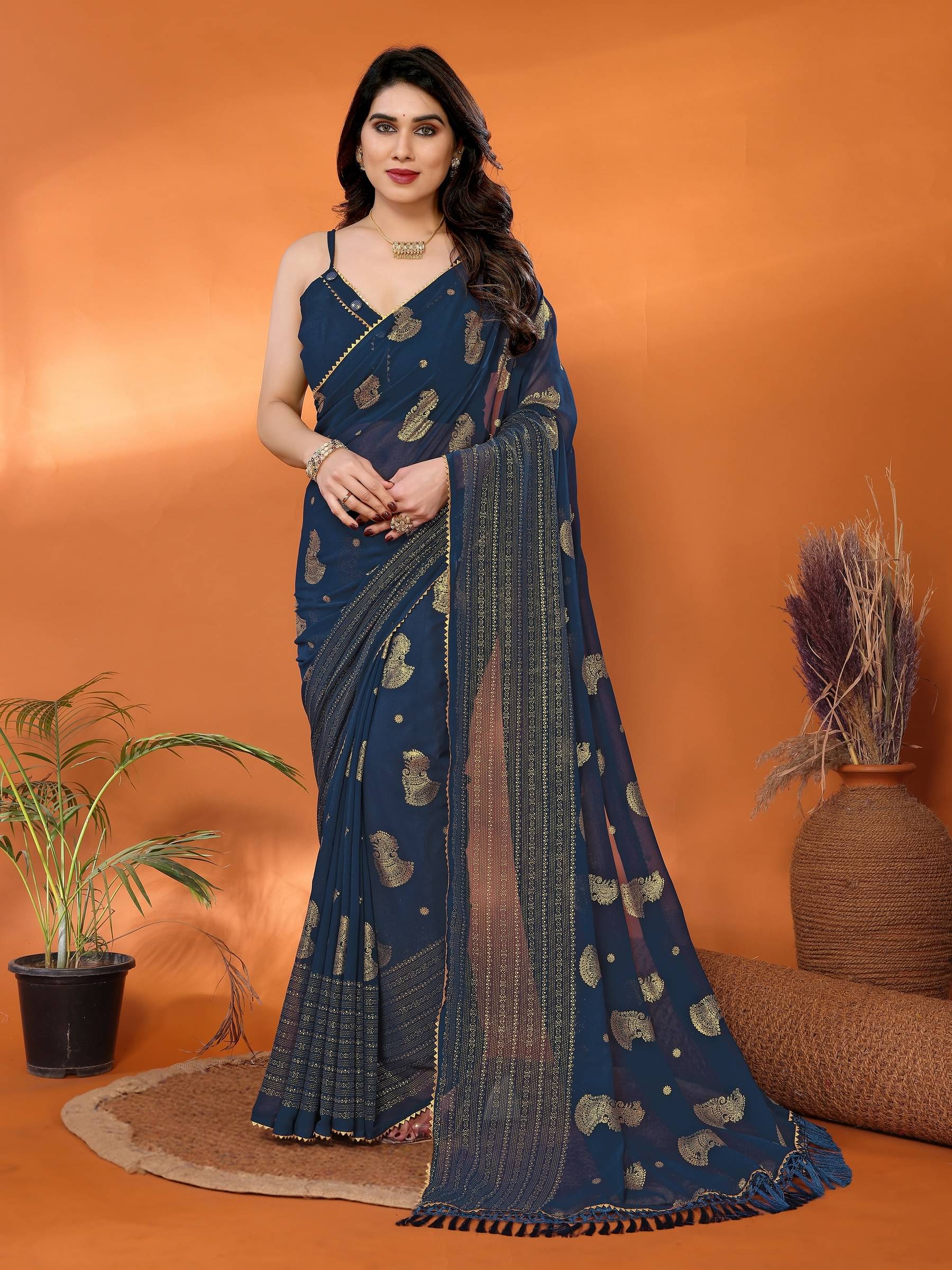 VEDANT VASTRAM Georgette Self Design Saree With Unstitched Blouse Piece ( Blue ) VEDANT VASTRAM Georgette Self Design Saree With Unstitched Blouse Piece ( Blue )