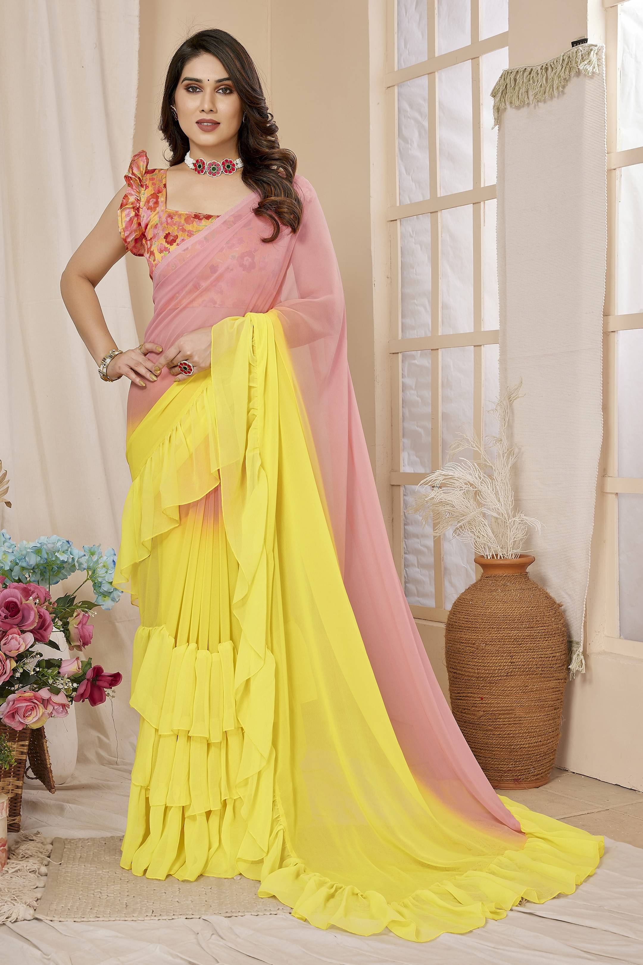 VEDANT VASTRAM Georgette Self Design Saree With Unstitched Blouse Piece ( Pink ) VEDANT VASTRAM Georgette Self Design Saree With Unstitched Blouse Piece ( Pink )