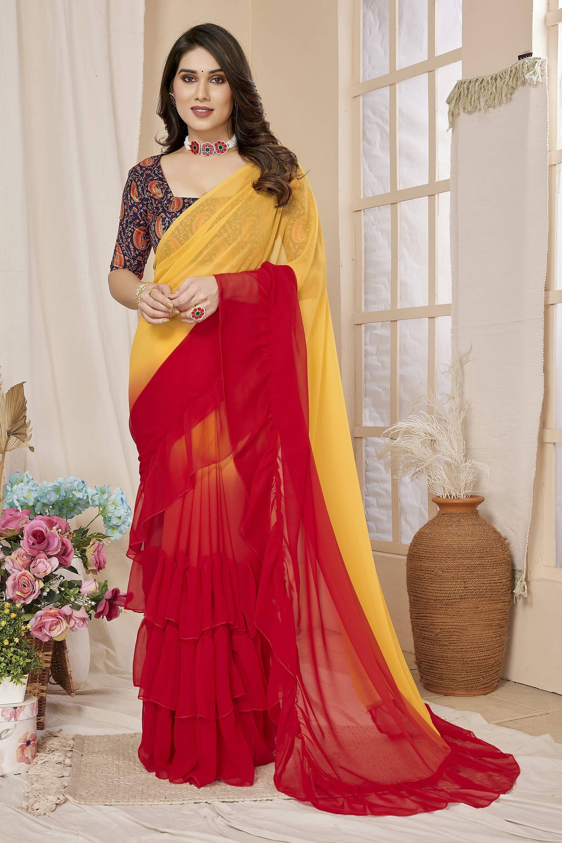 VEDANT VASTRAM Georgette Self Design Saree With Unstitched Blouse Piece ( Red ) VEDANT VASTRAM Georgette Self Design Saree With Unstitched Blouse Piece ( Red )