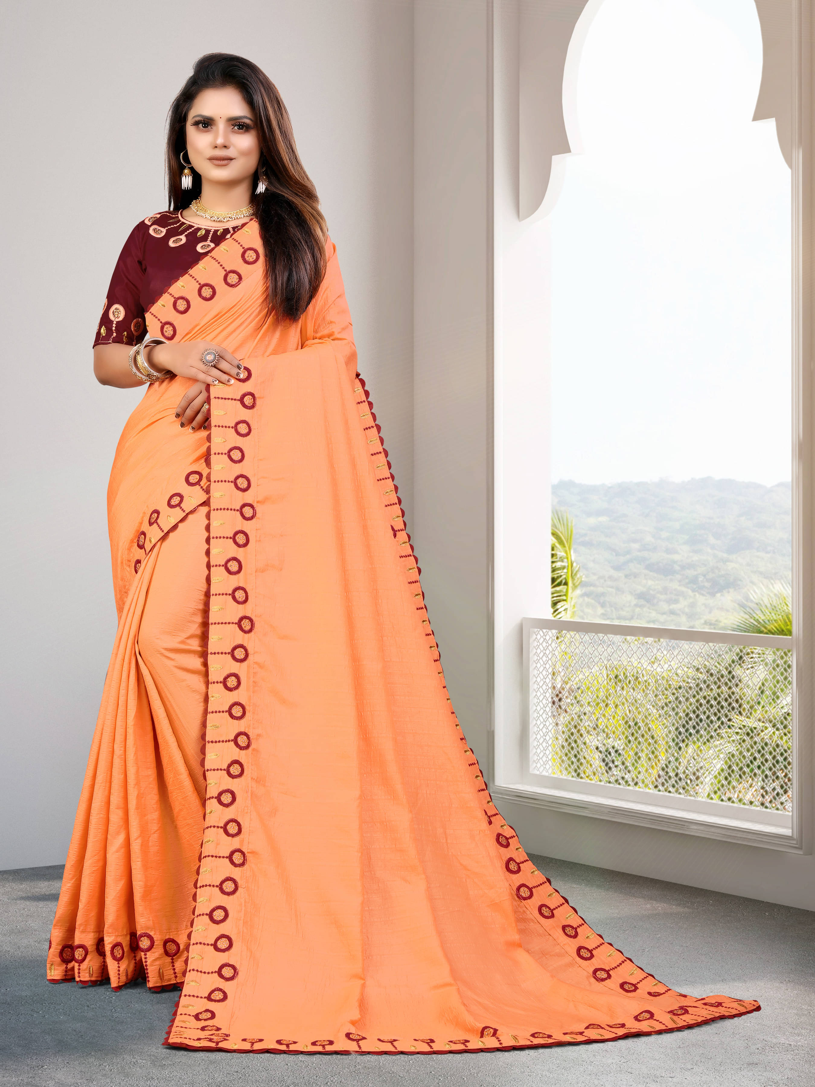 VEDANT VASTRAM Silk Blend Embroidered Saree With Unstitched Blouse Piece ( Orange ) VEDANT VASTRAM Silk Blend Embroidered Saree With Unstitched Blouse Piece ( Orange )